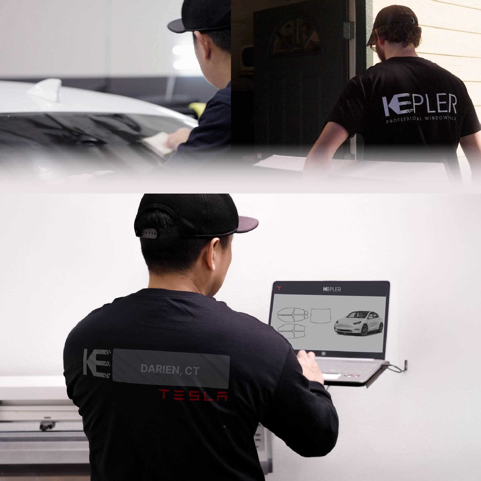 Expert Technician Applying High-tech Window Tint to Tesla in Darien