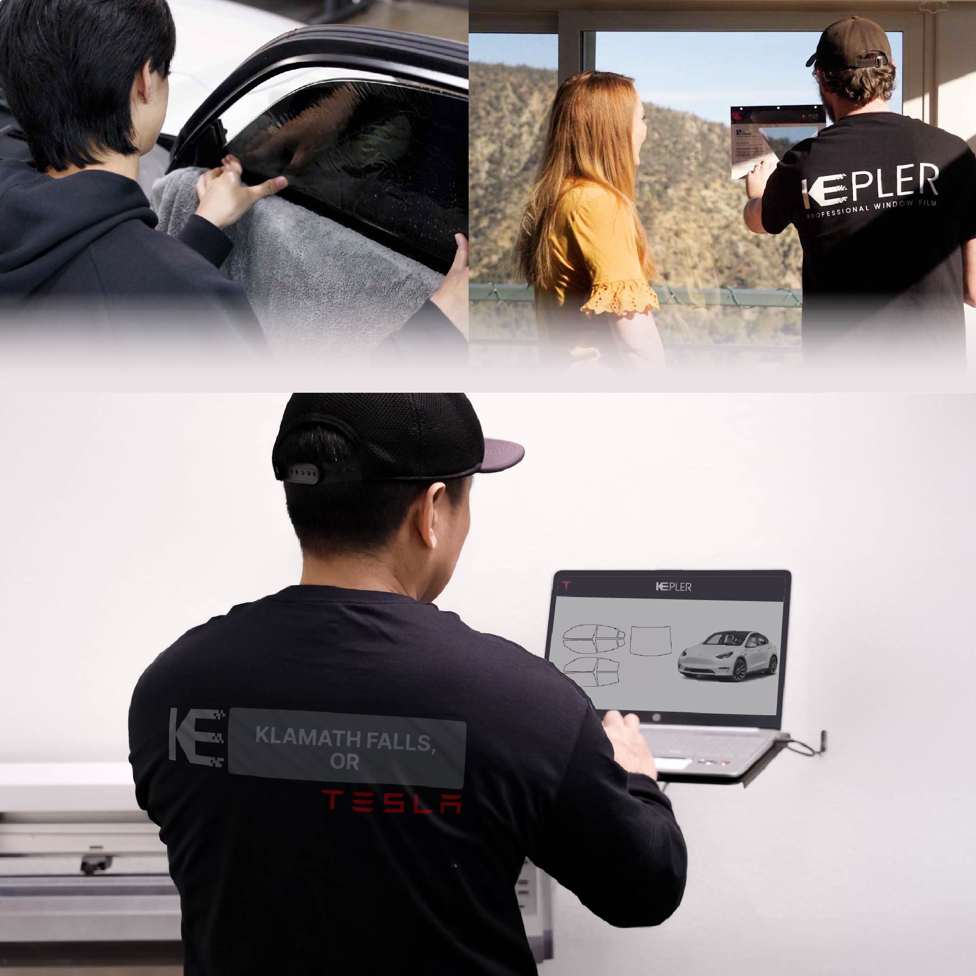 Expert Technician Fitting Ceramic Window Tint to Tesla in Klamath Falls
