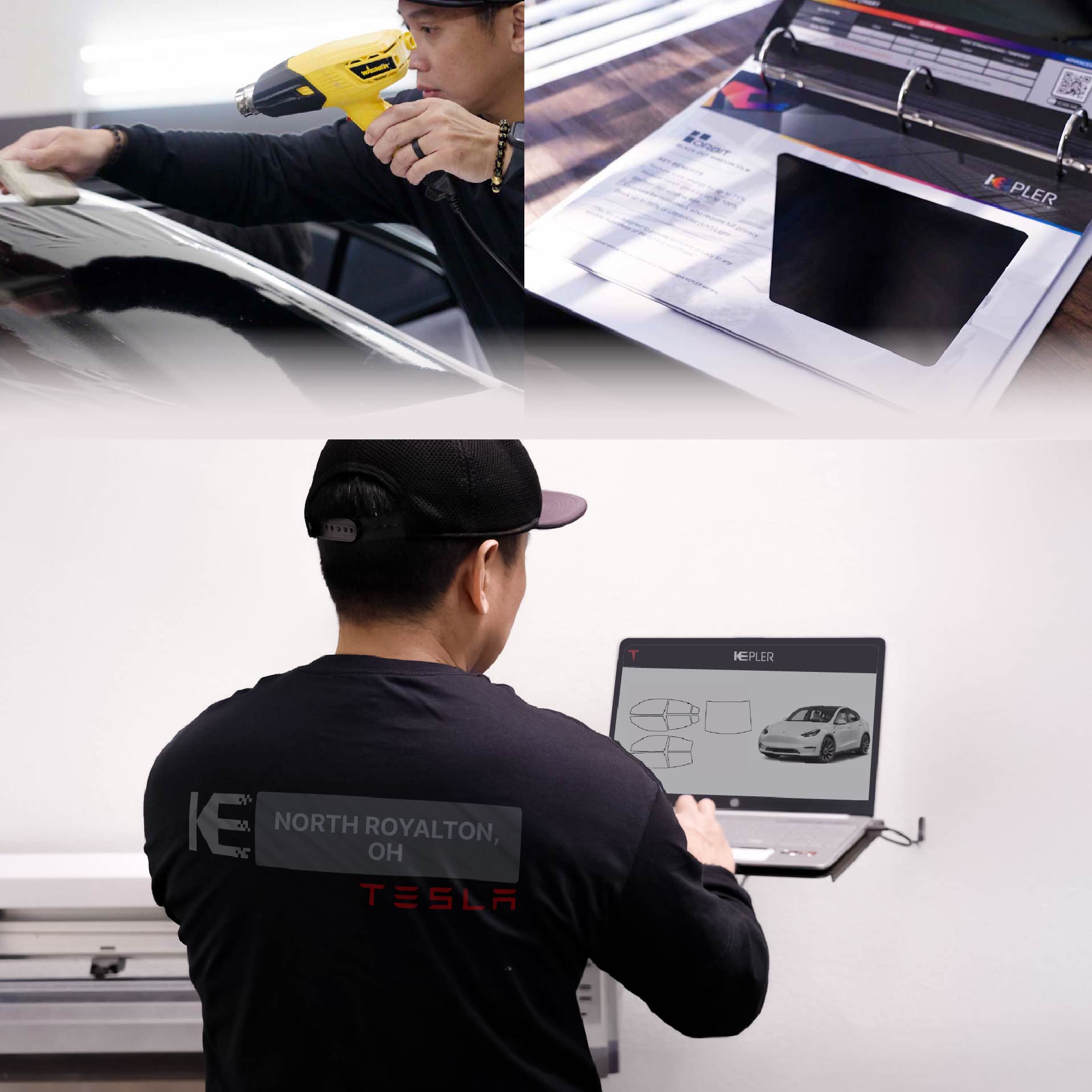 Kepler Technician Fitting Advanced Window Tint to Tesla in North Royalton