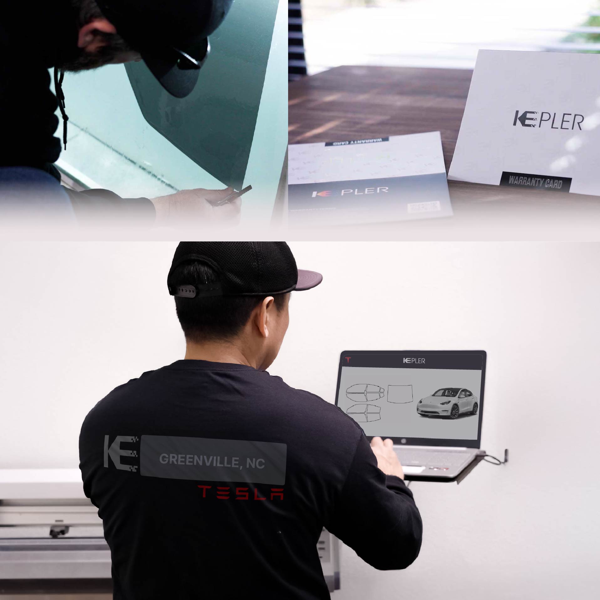 Expert Technician Installing Advanced Window Tint to Tesla in Greenville