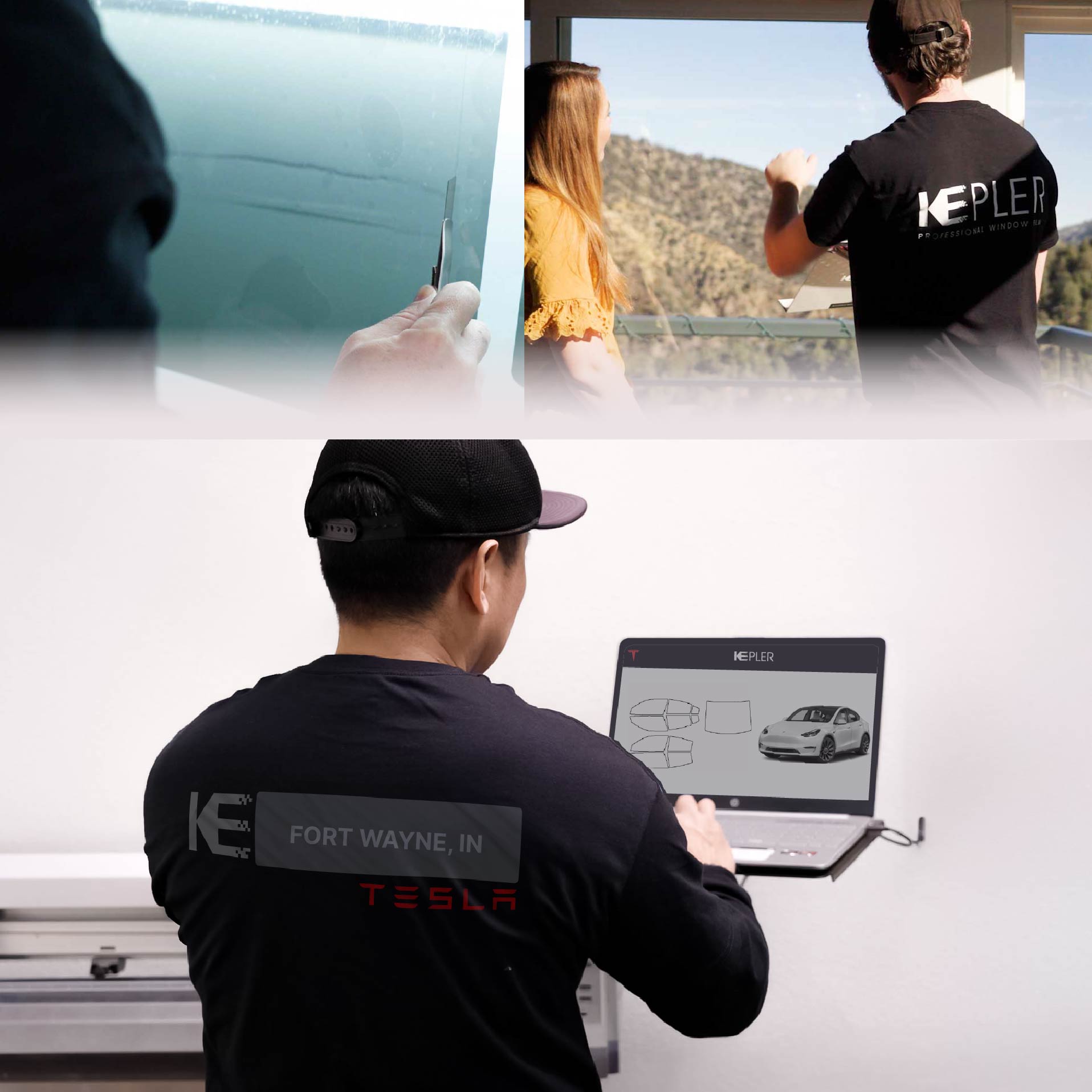 Kepler Technician Installing Ceramic Window Tint to Tesla in Fort Wayne