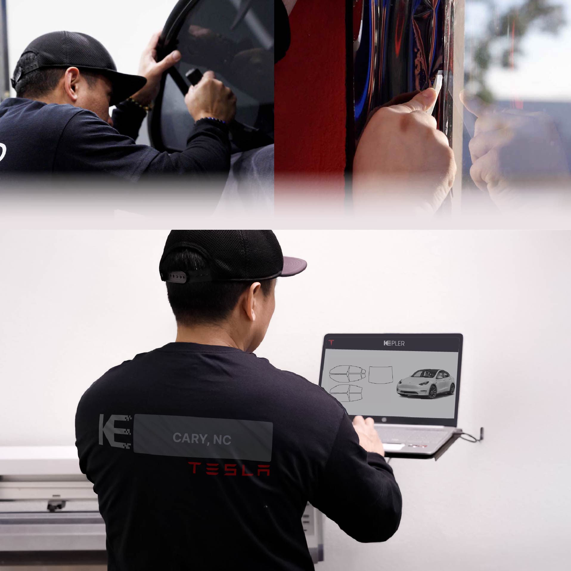Expert Technician Installing Advanced Window Tint to Tesla in Cary