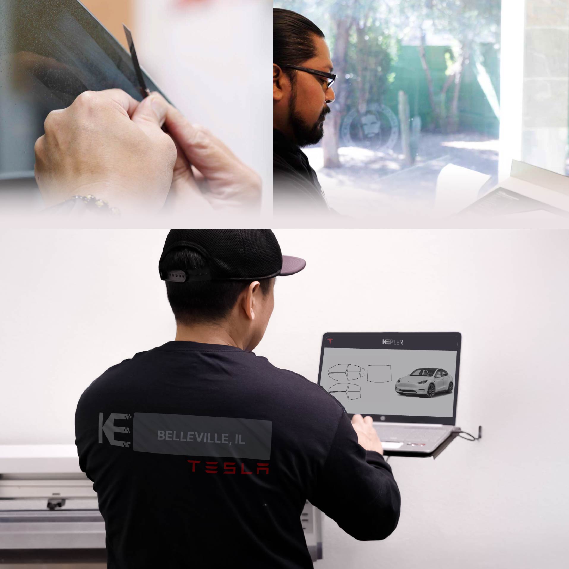 Expert Technician Applying High-tech Window Tint to Tesla in Belleville