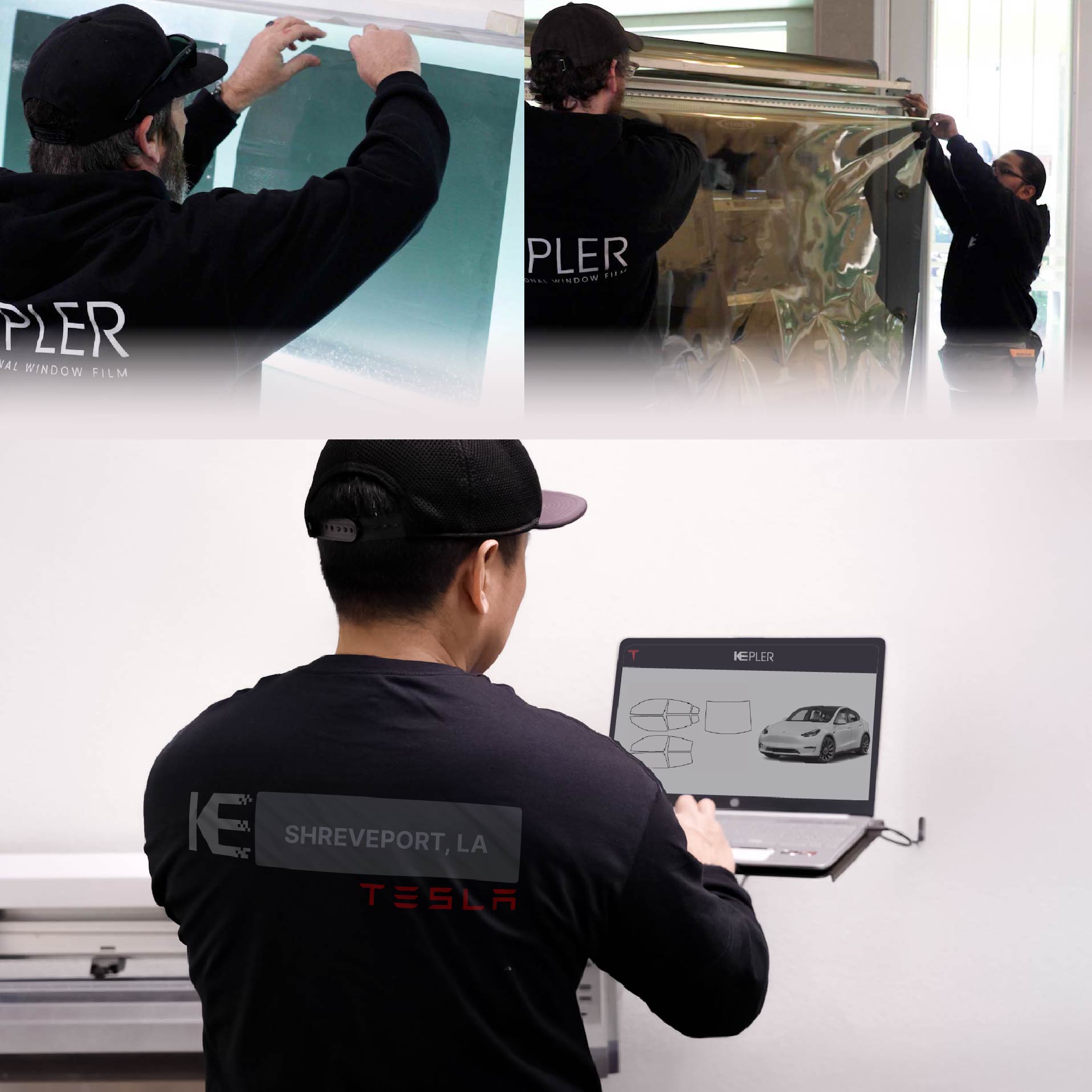 Expert Technician Applying Ceramic Window Tint to Tesla in Shreveport