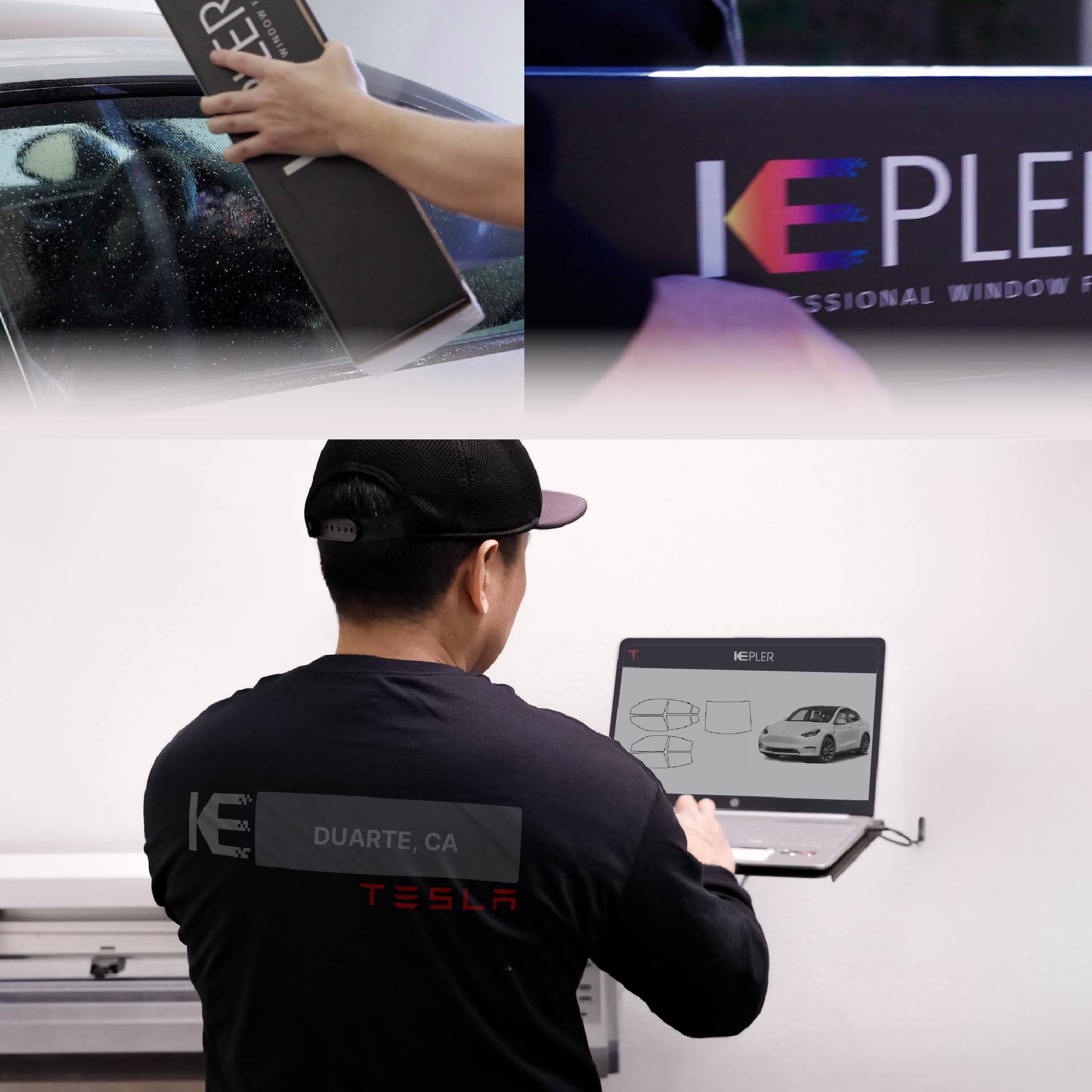 Kepler Technician Applying Advanced Window Tint to Tesla in Duarte