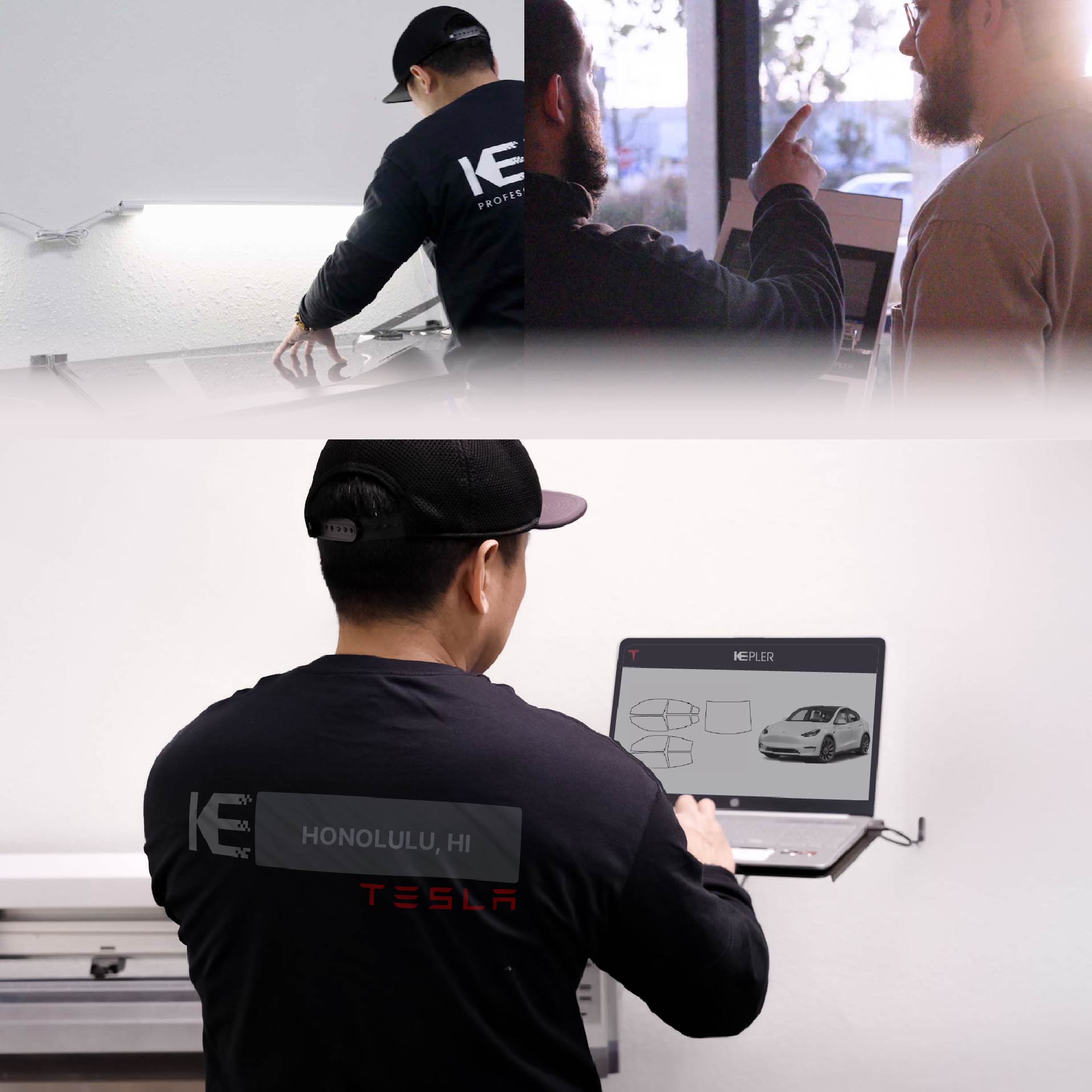Kepler Technician Applying Advanced Window Tint to Tesla in Honolulu