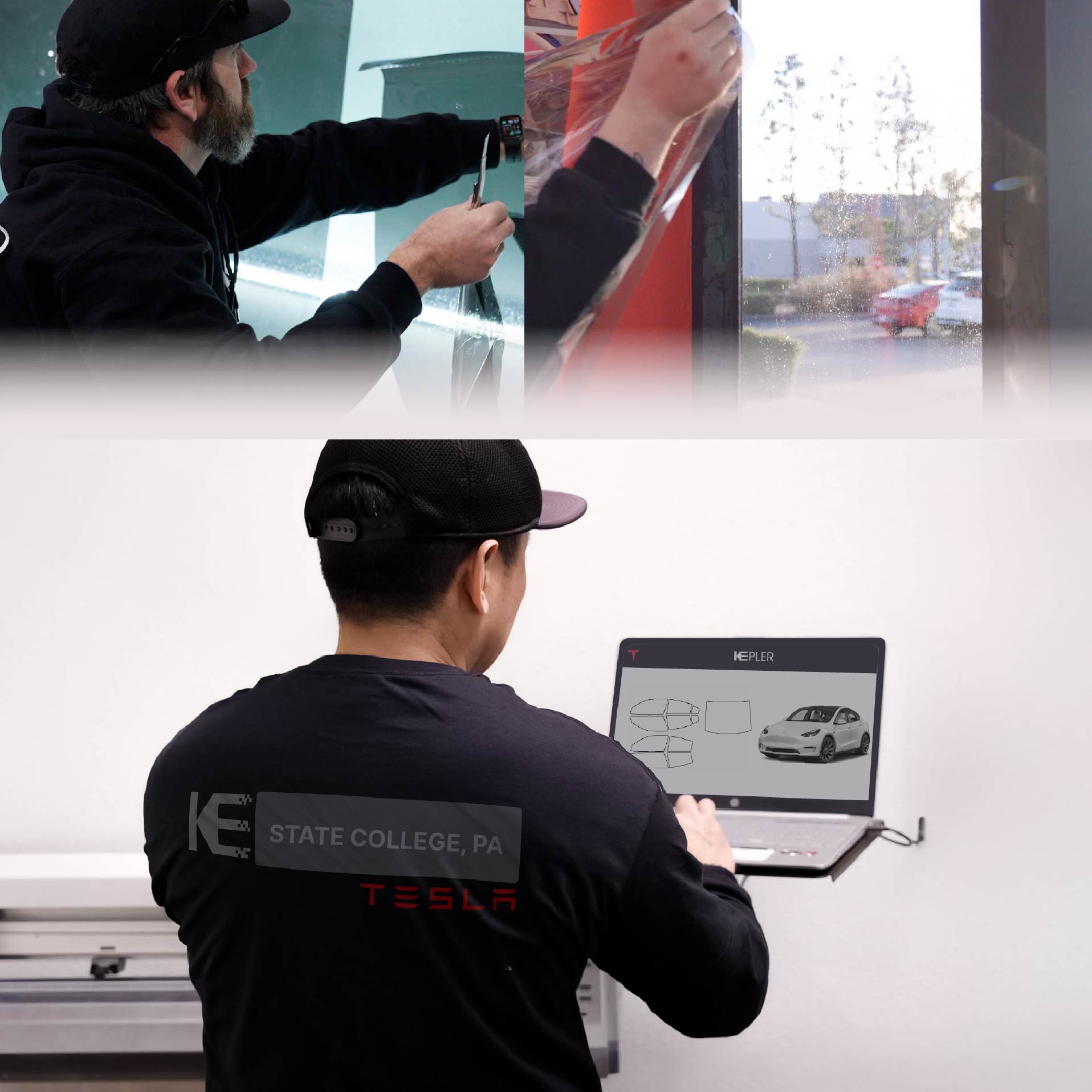 Expert Technician Installing Advanced Window Tint to Tesla in State College