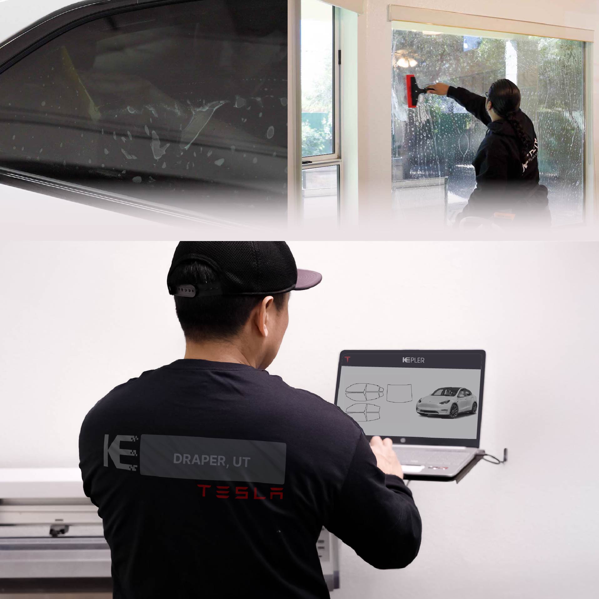 Kepler Technician Fitting Advanced Window Tint to Tesla in Draper