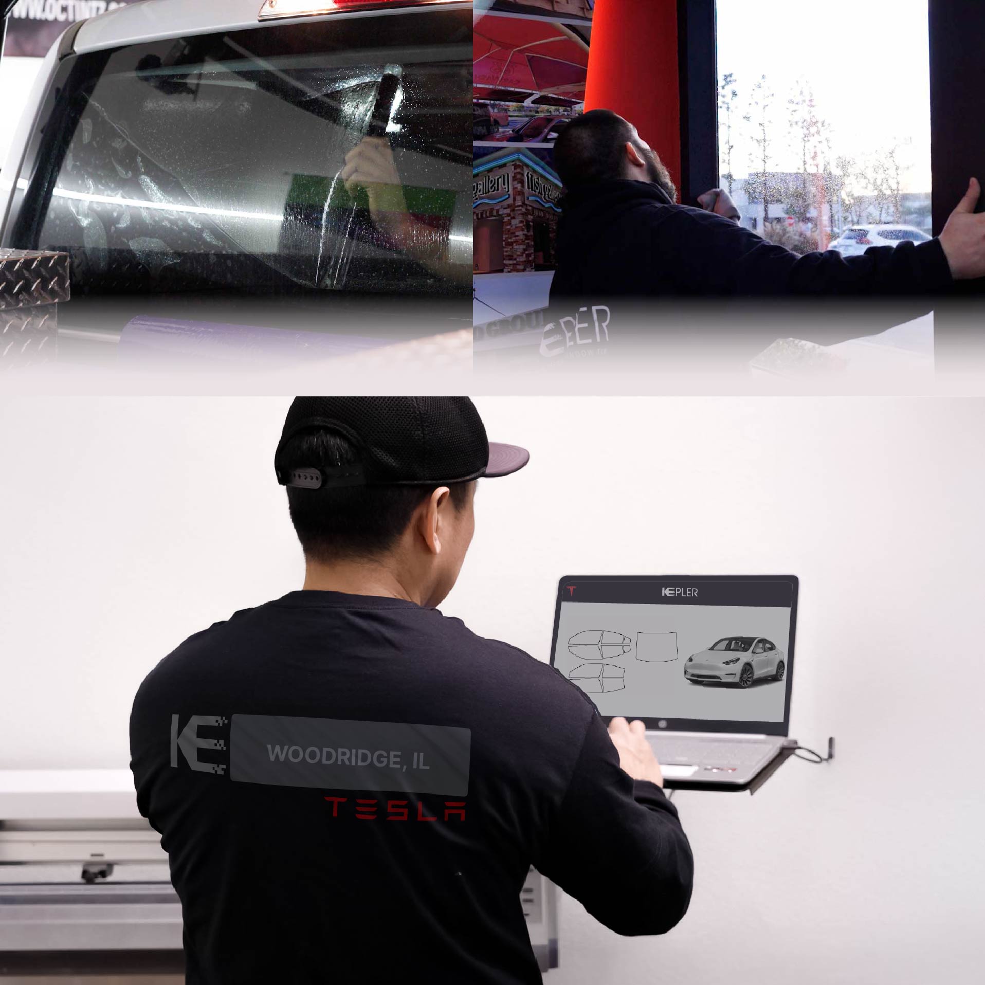 Expert Technician Applying Advanced Window Tint to Tesla in Woodridge
