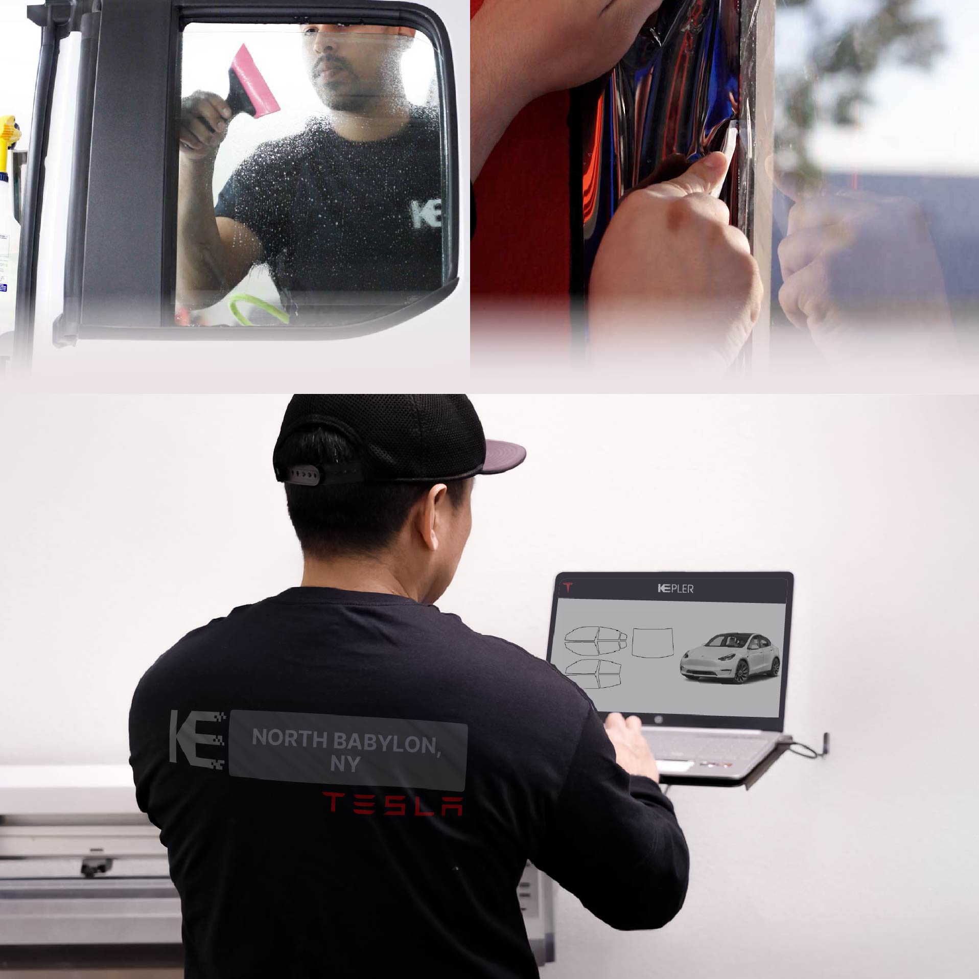 Expert Technician Applying Advanced Window Tint to Tesla in North Babylon