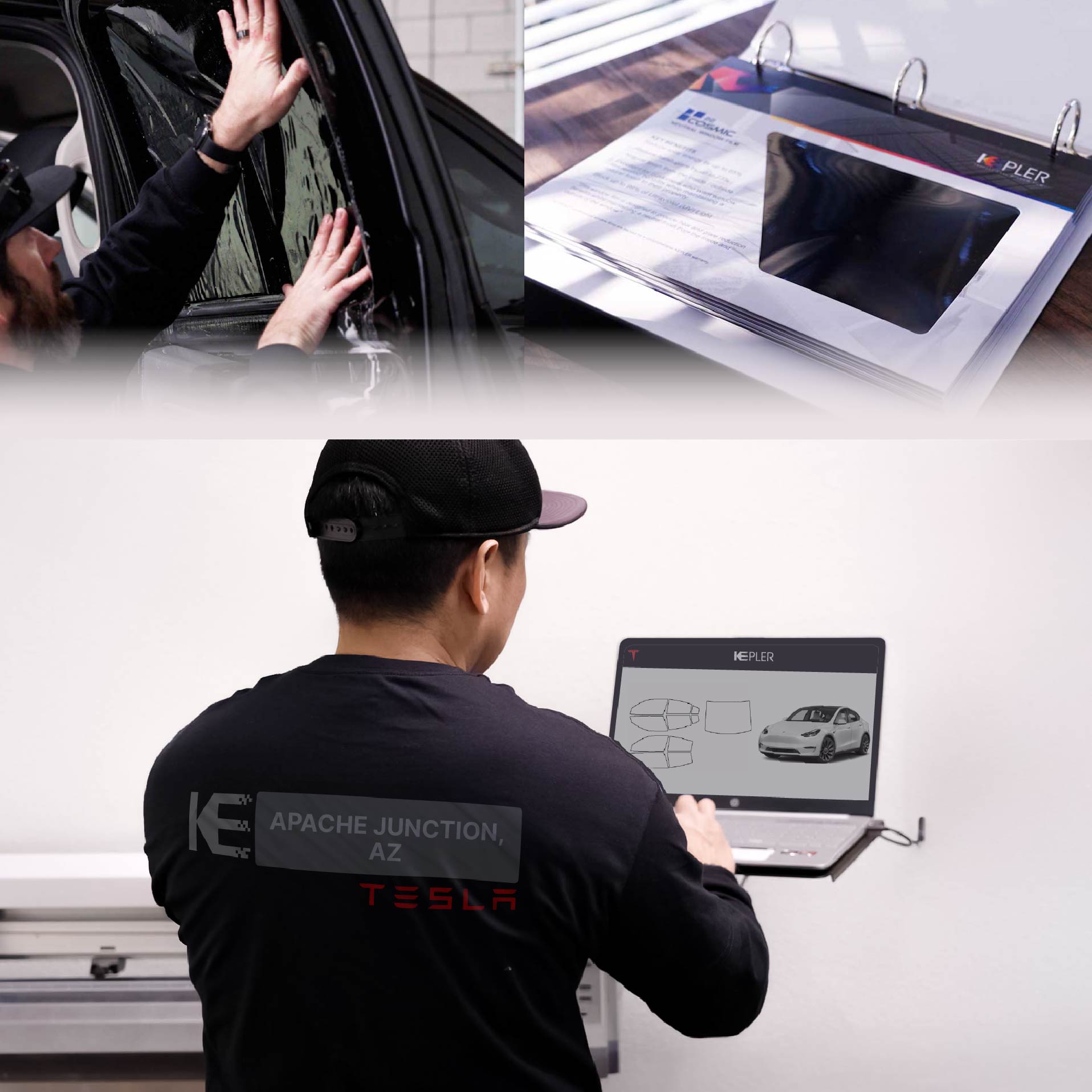 Expert Technician Installing High-tech Window Tint to Tesla in Apache Junction