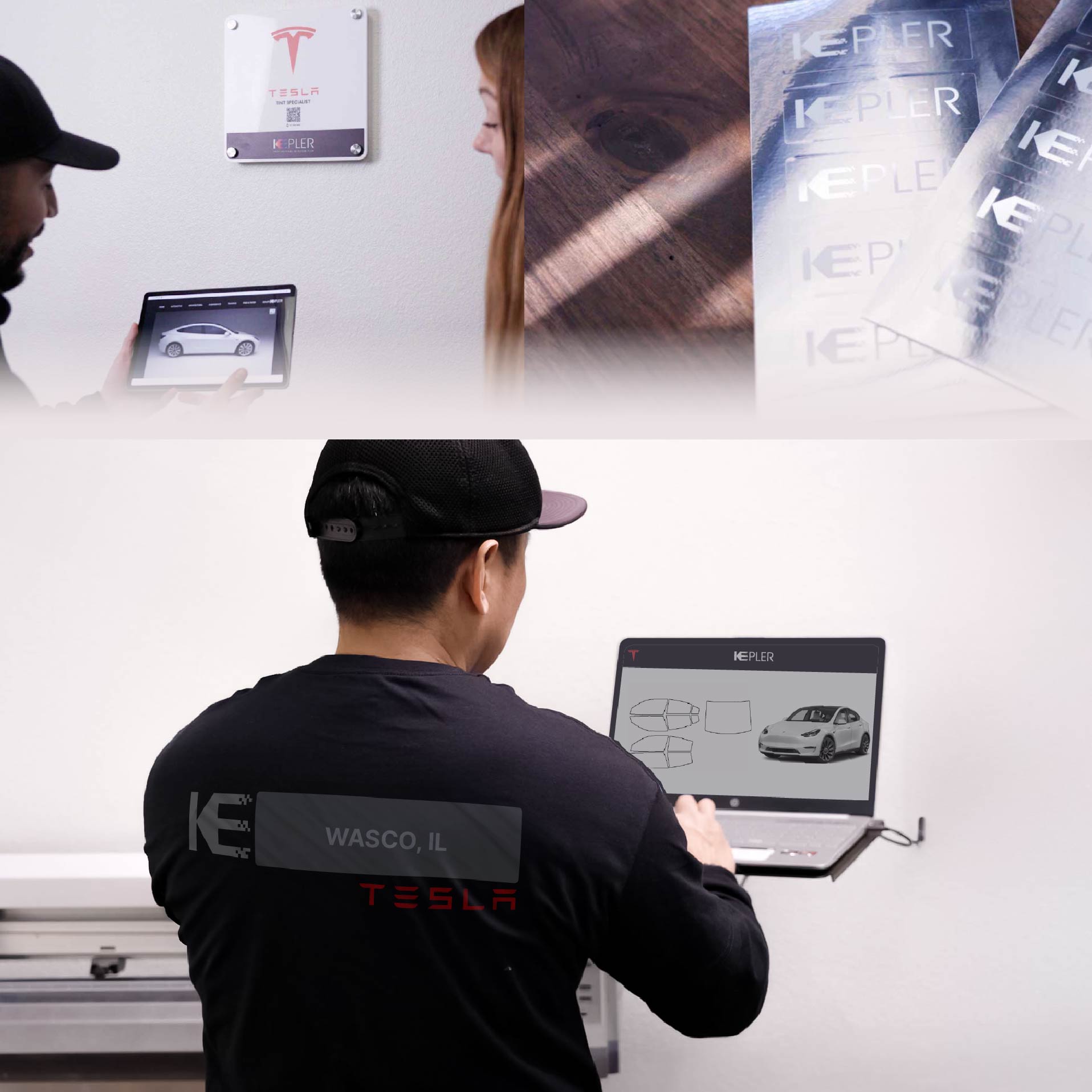 Kepler Technician Applying High-tech Window Tint to Tesla in Wasco