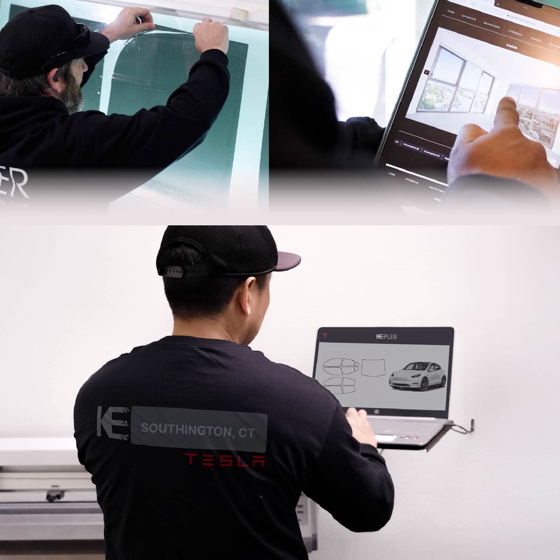 Expert Technician Installing Ceramic Window Tint to Tesla in Southington