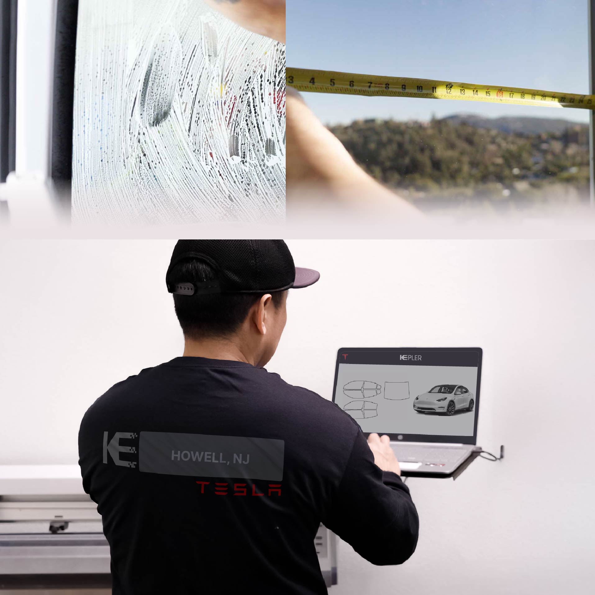 Expert Technician Fitting High-tech Window Tint to Tesla in Howell