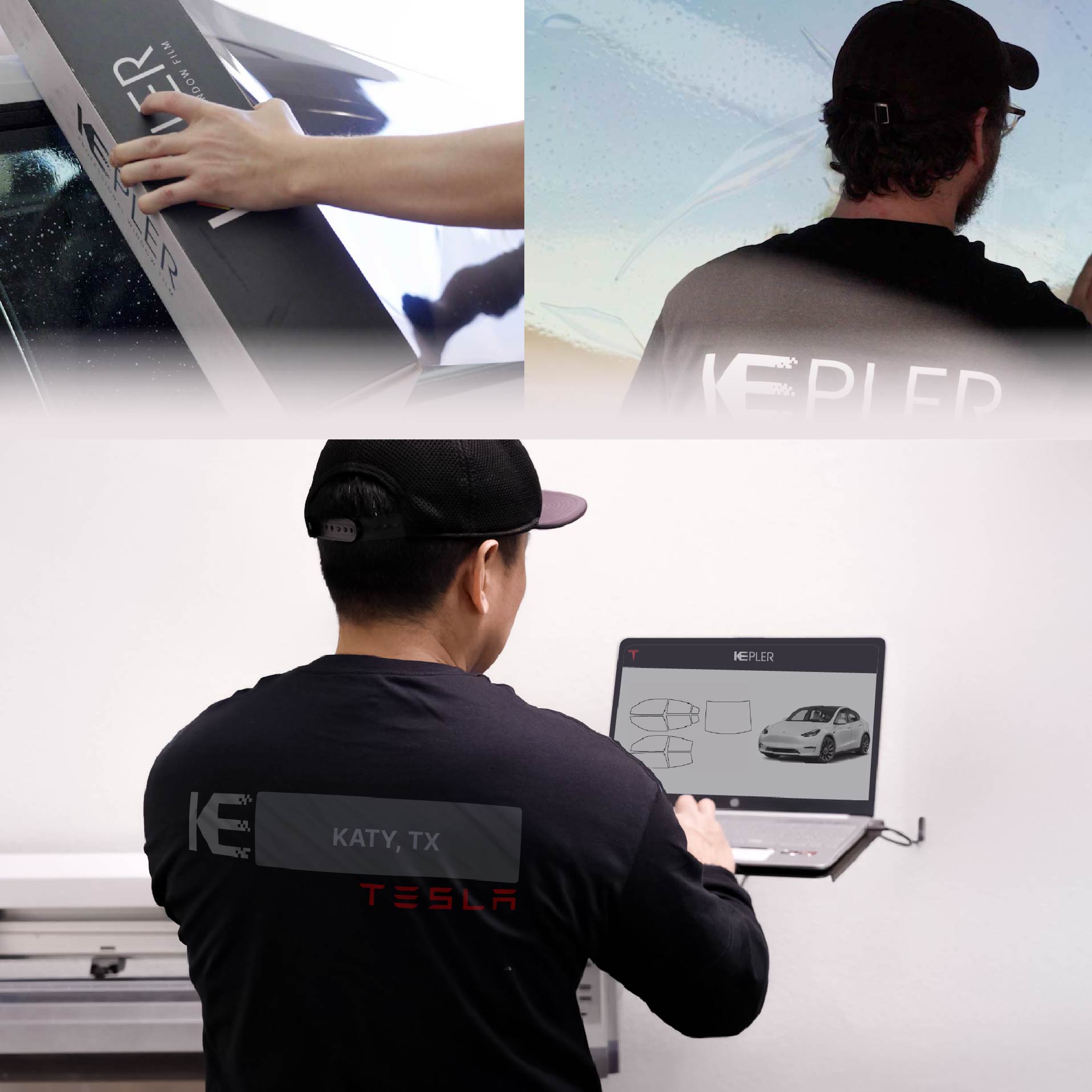 Kepler Technician Installing Ceramic Window Tint to Tesla in Katy