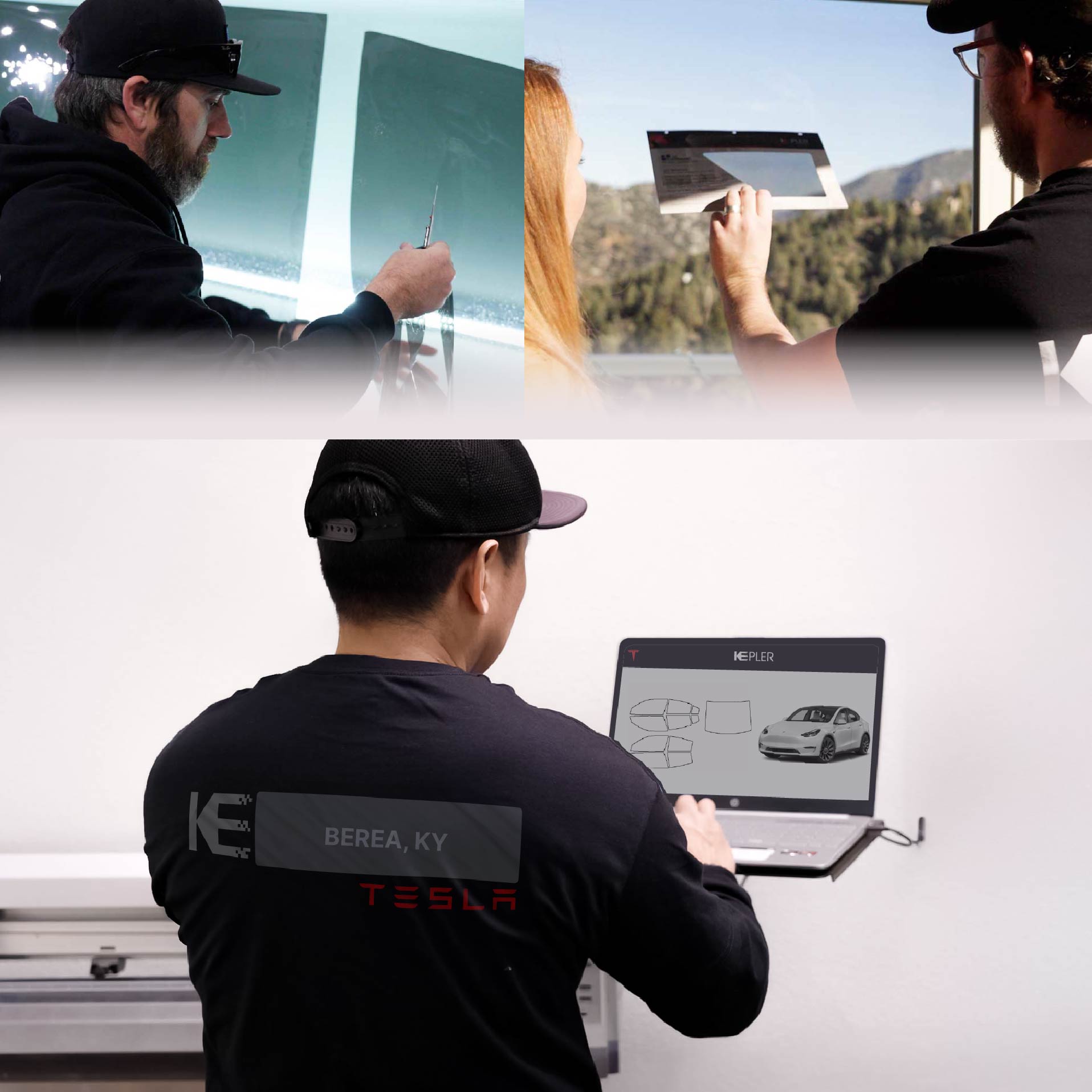 Kepler Technician Installing Advanced Window Tint to Tesla in Berea