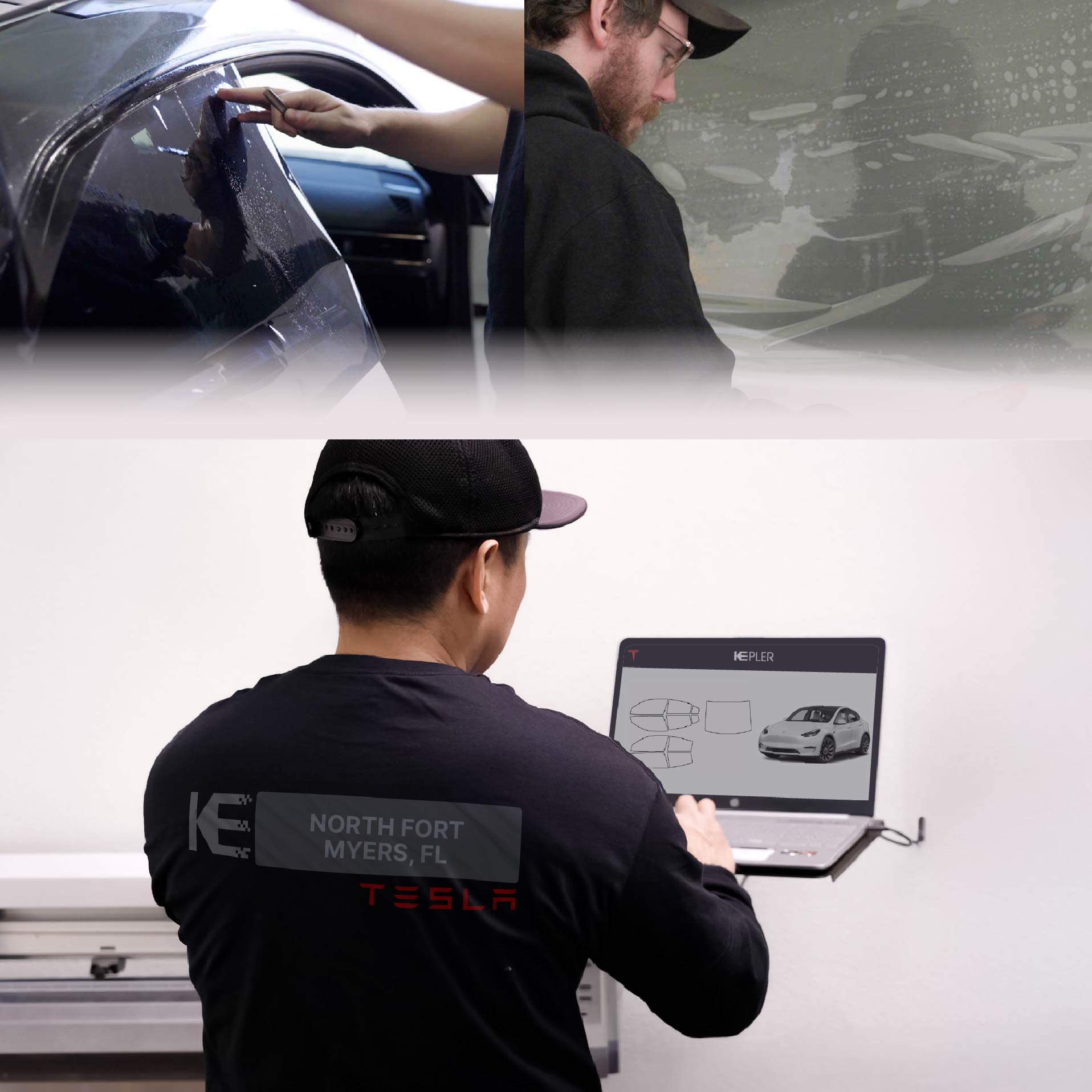 Expert Technician Installing High-tech Window Tint to Tesla in North Fort Myers