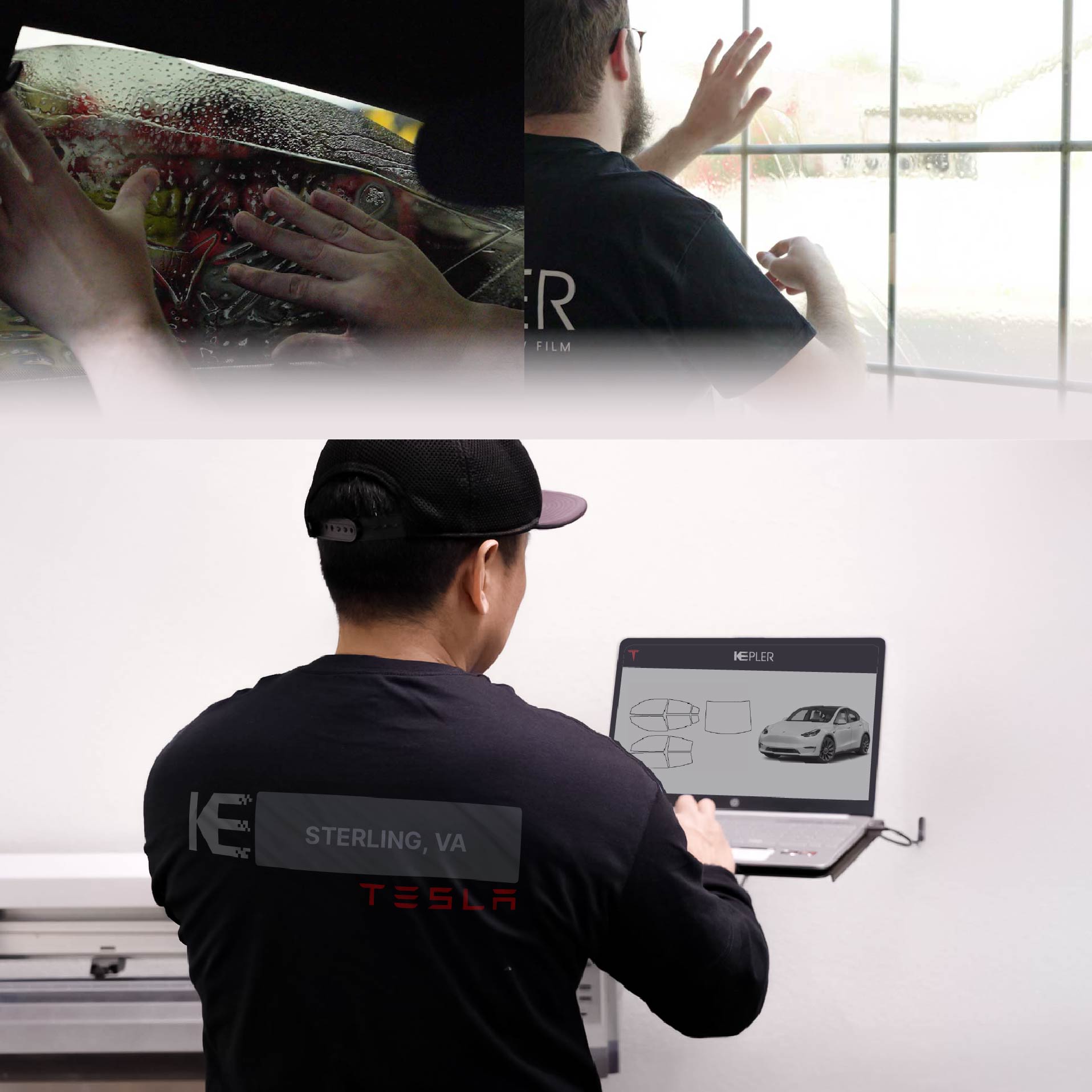 Kepler Technician Applying Ceramic Window Tint to Tesla in Sterling