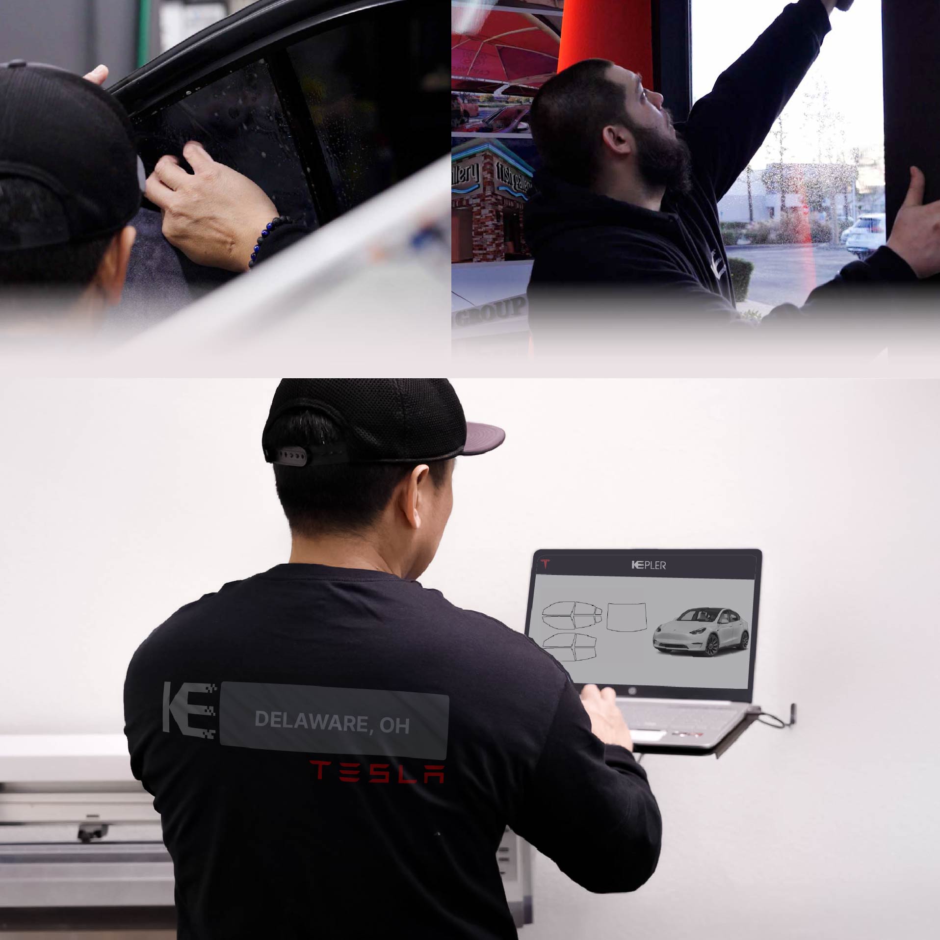 Expert Technician Installing Ceramic Window Tint to Tesla in Delaware