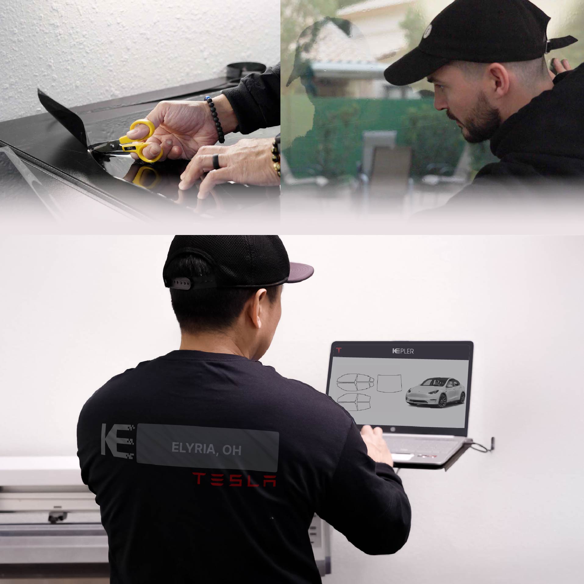 Kepler Technician Installing Ceramic Window Tint to Tesla in Elyria