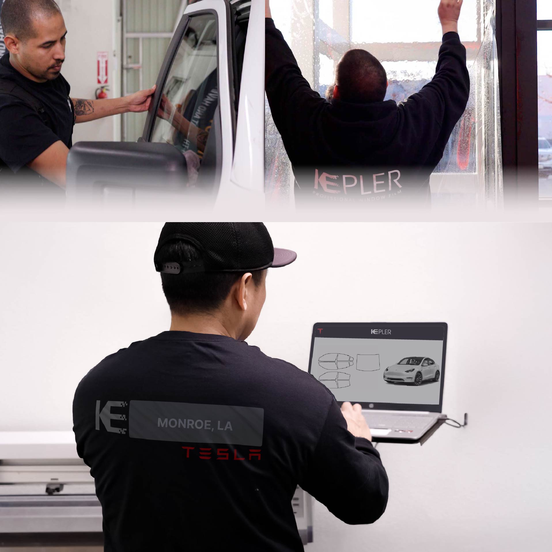 Kepler Technician Fitting Ceramic Window Tint to Tesla in Monroe
