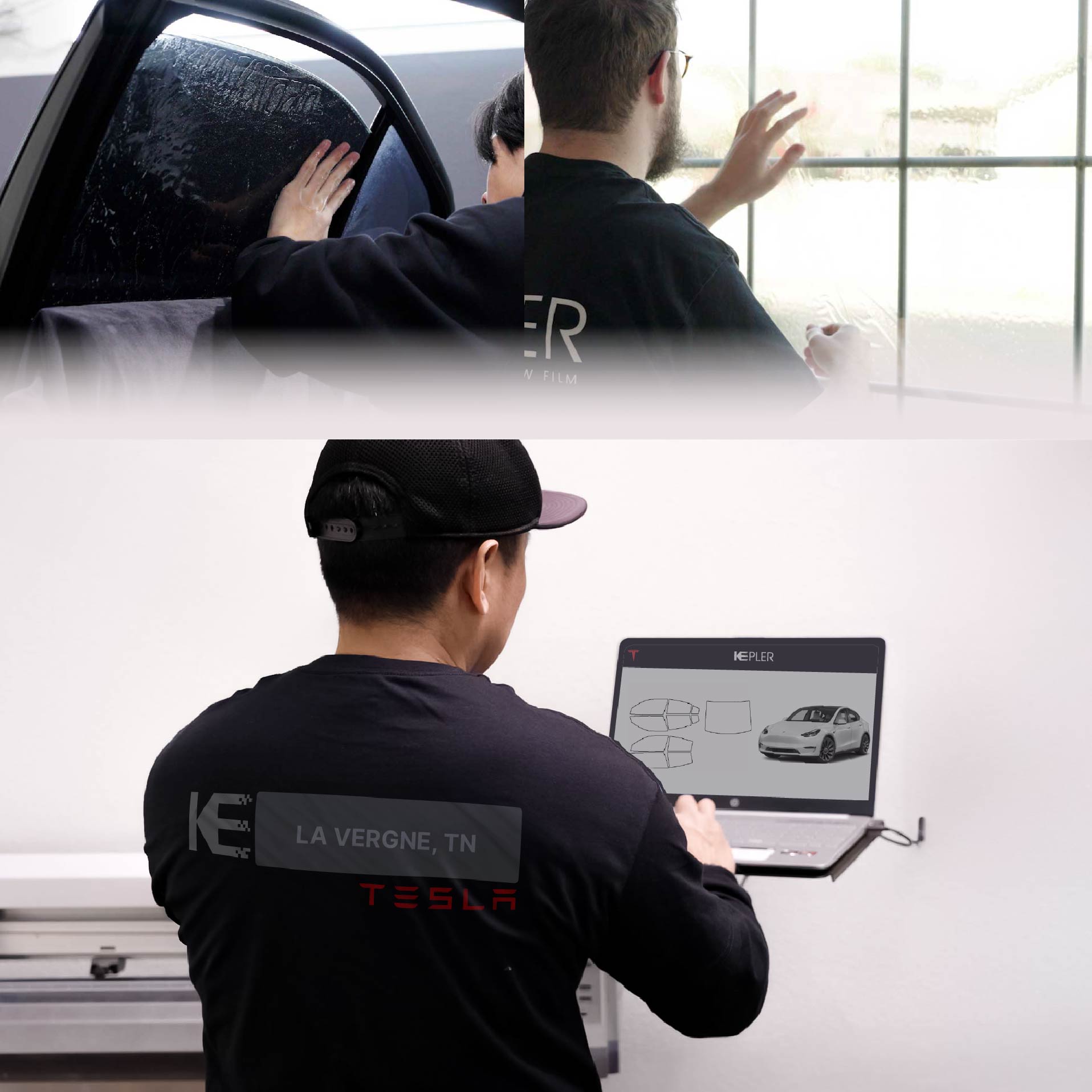 Kepler Technician Applying Ceramic Window Tint to Tesla in La Vergne