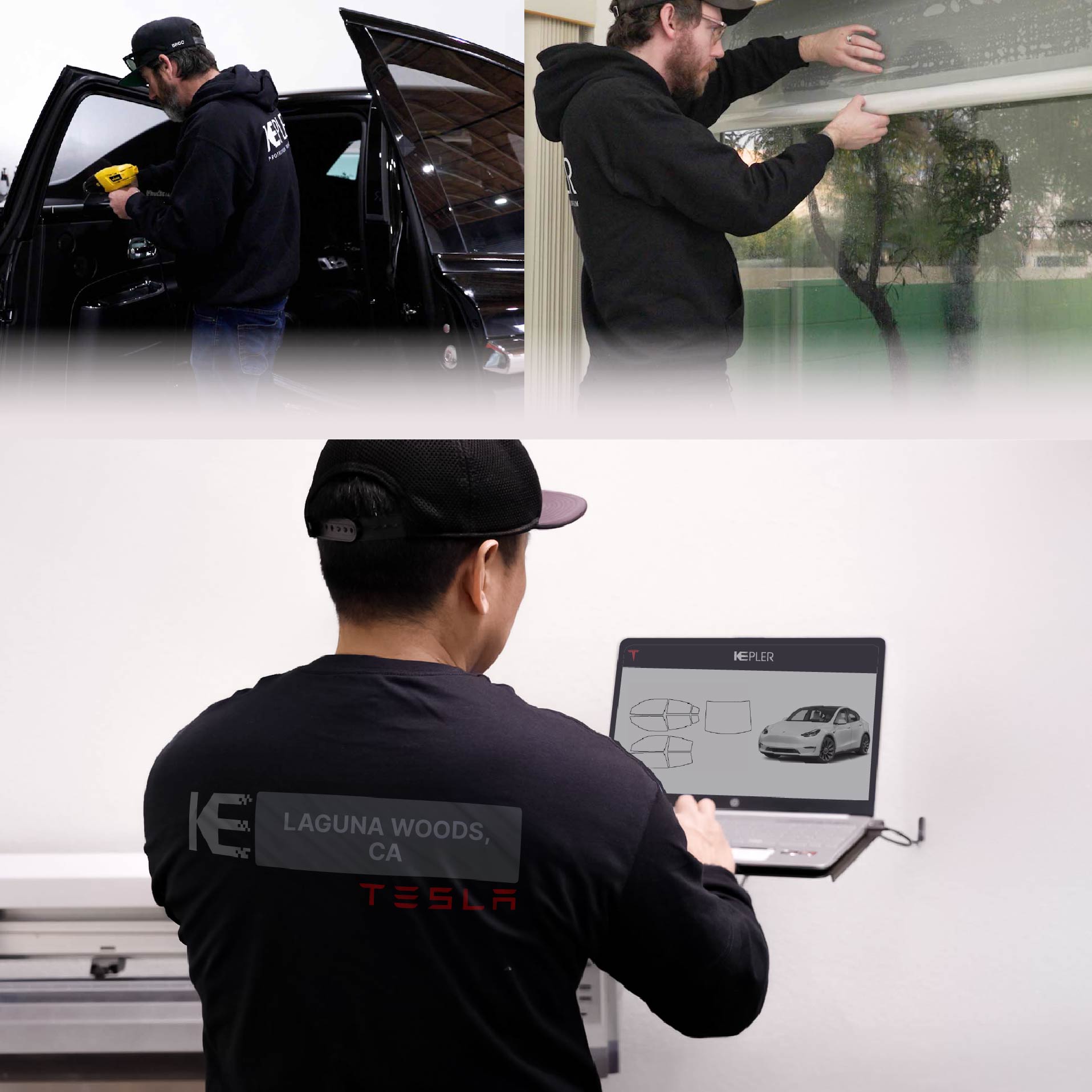 Expert Technician Installing High-tech Window Tint to Tesla in Laguna Woods