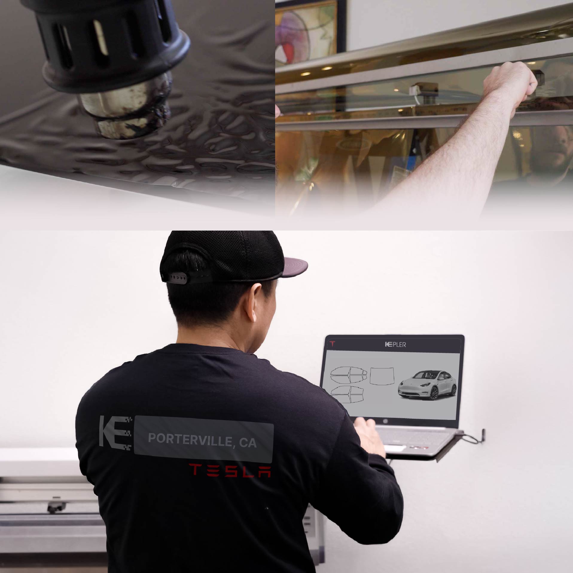 Expert Technician Installing Ceramic Window Tint to Tesla in Porterville