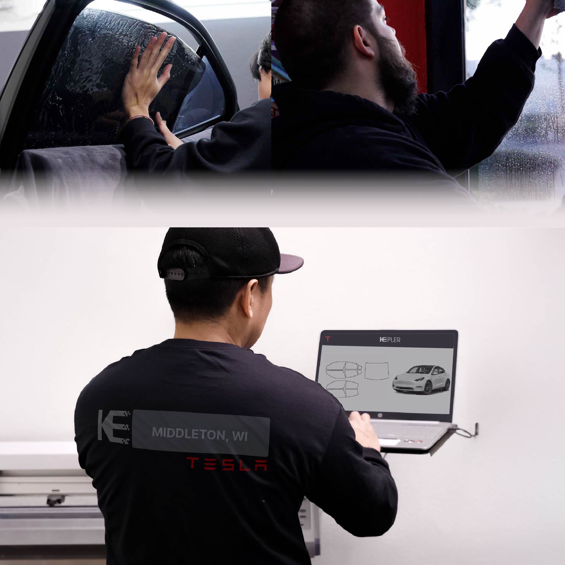 Expert Technician Applying Ceramic Window Tint to Tesla in Middleton