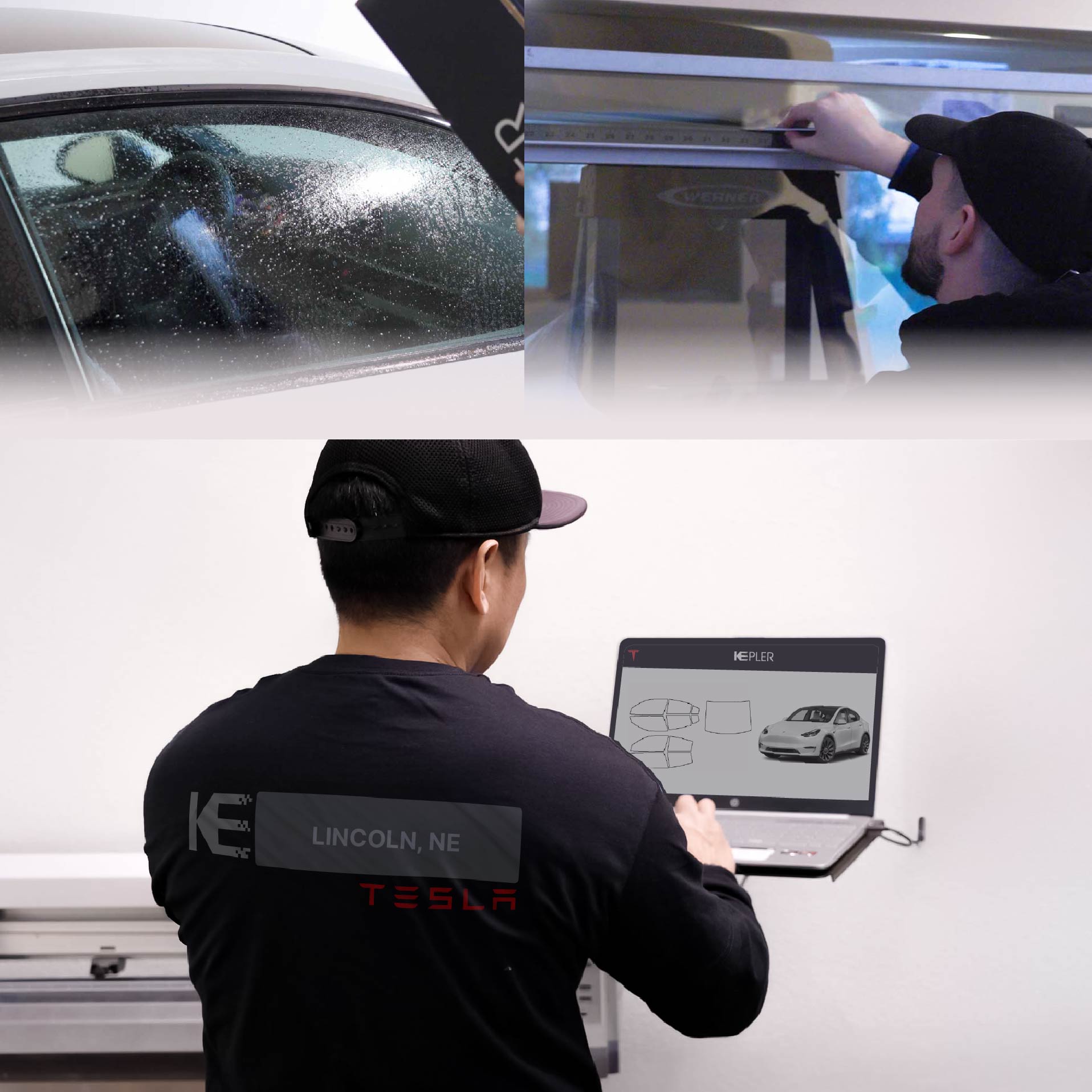 Expert Technician Applying High-tech Window Tint to Tesla in Lincoln