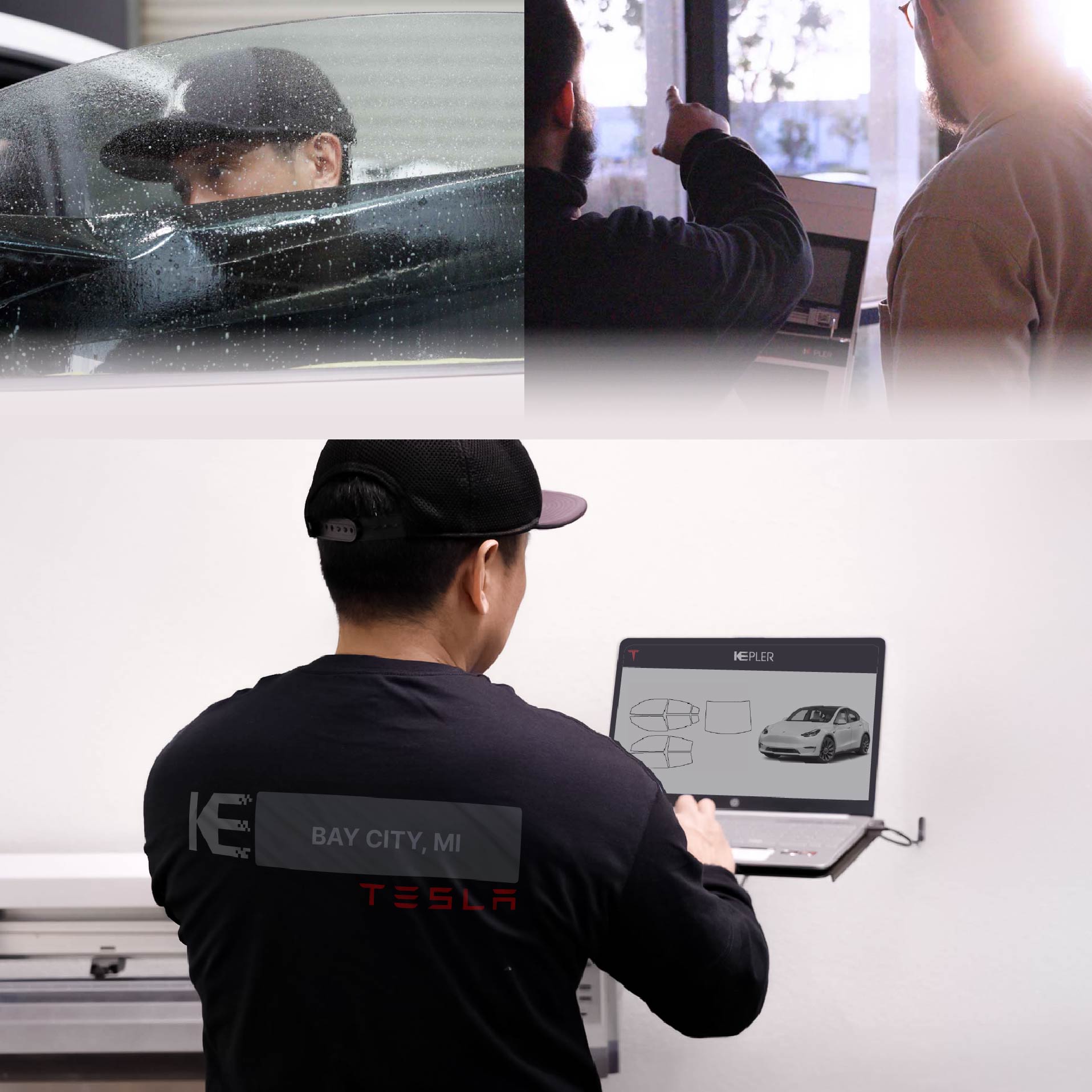 Expert Technician Applying High-tech Window Tint to Tesla in Bay City