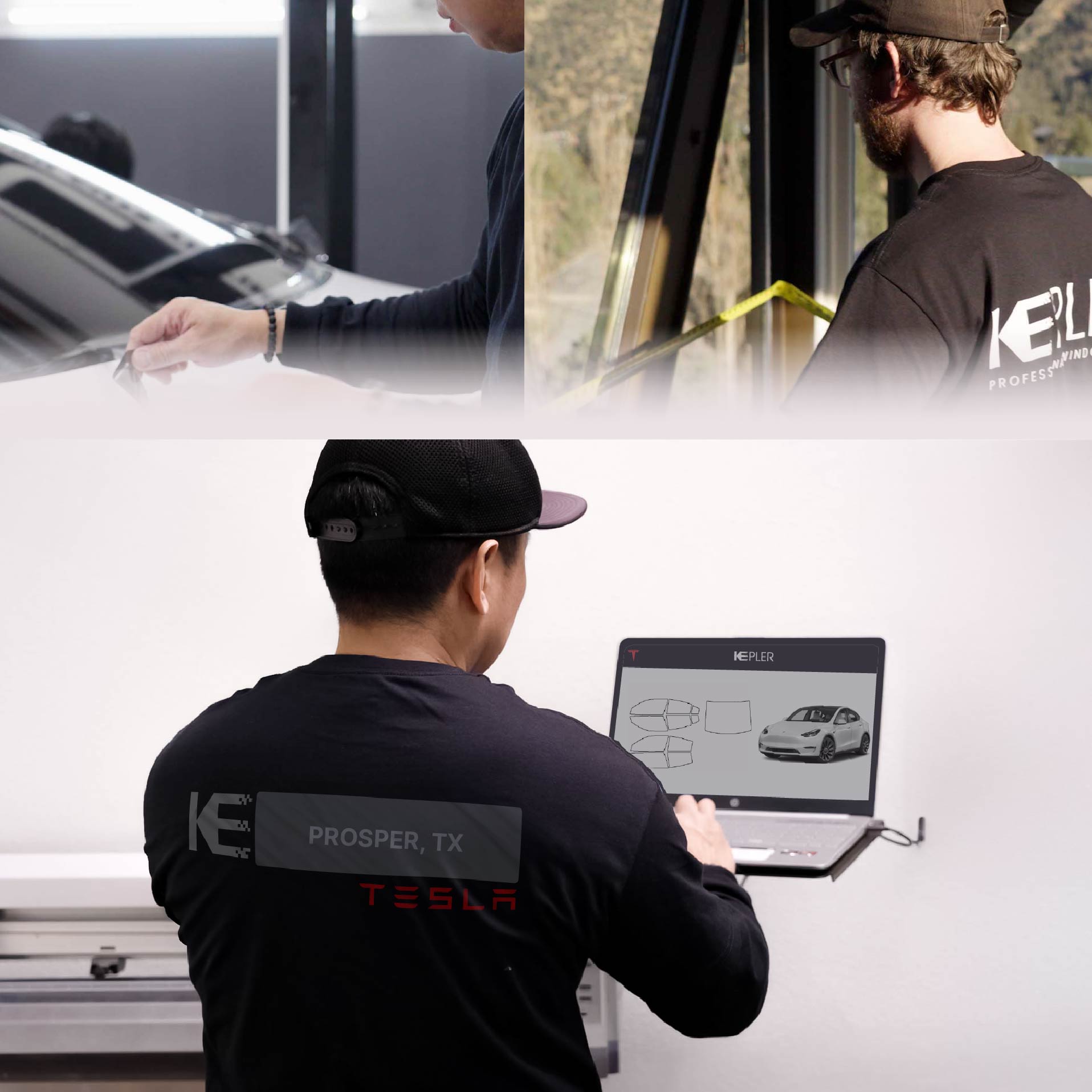 Kepler Technician Installing Ceramic Window Tint to Tesla in Prosper