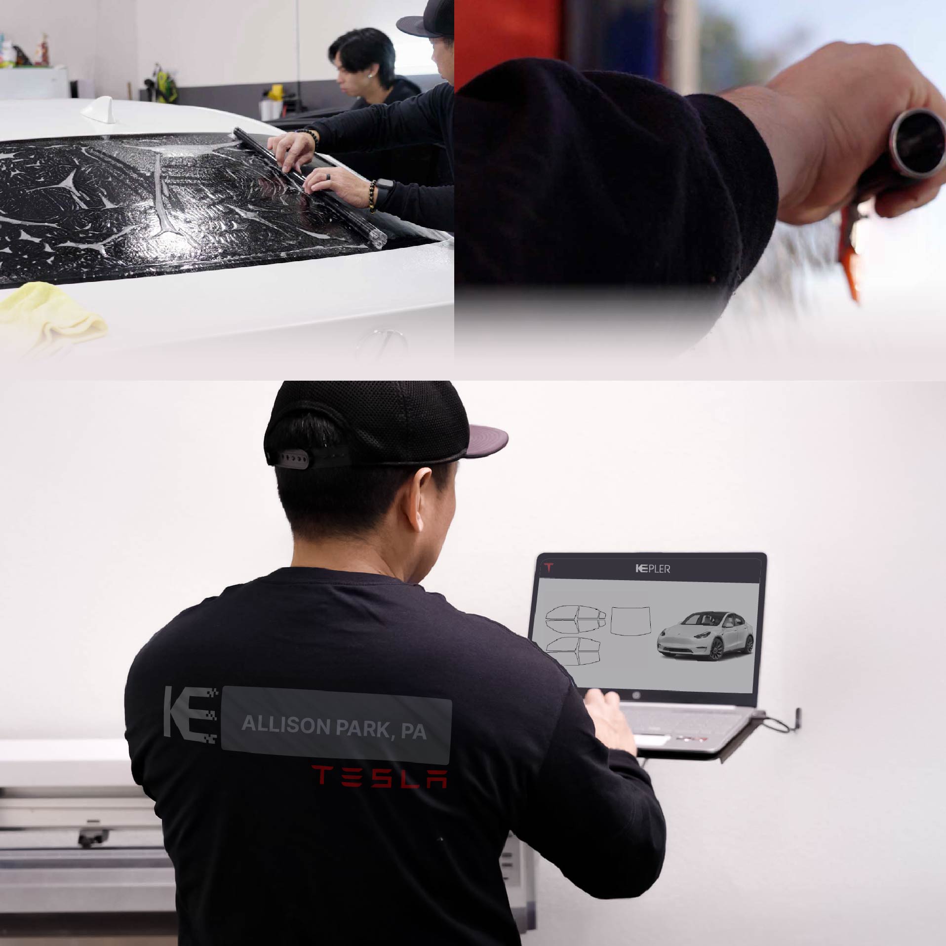 Expert Technician Fitting Ceramic Window Tint to Tesla in Allison Park