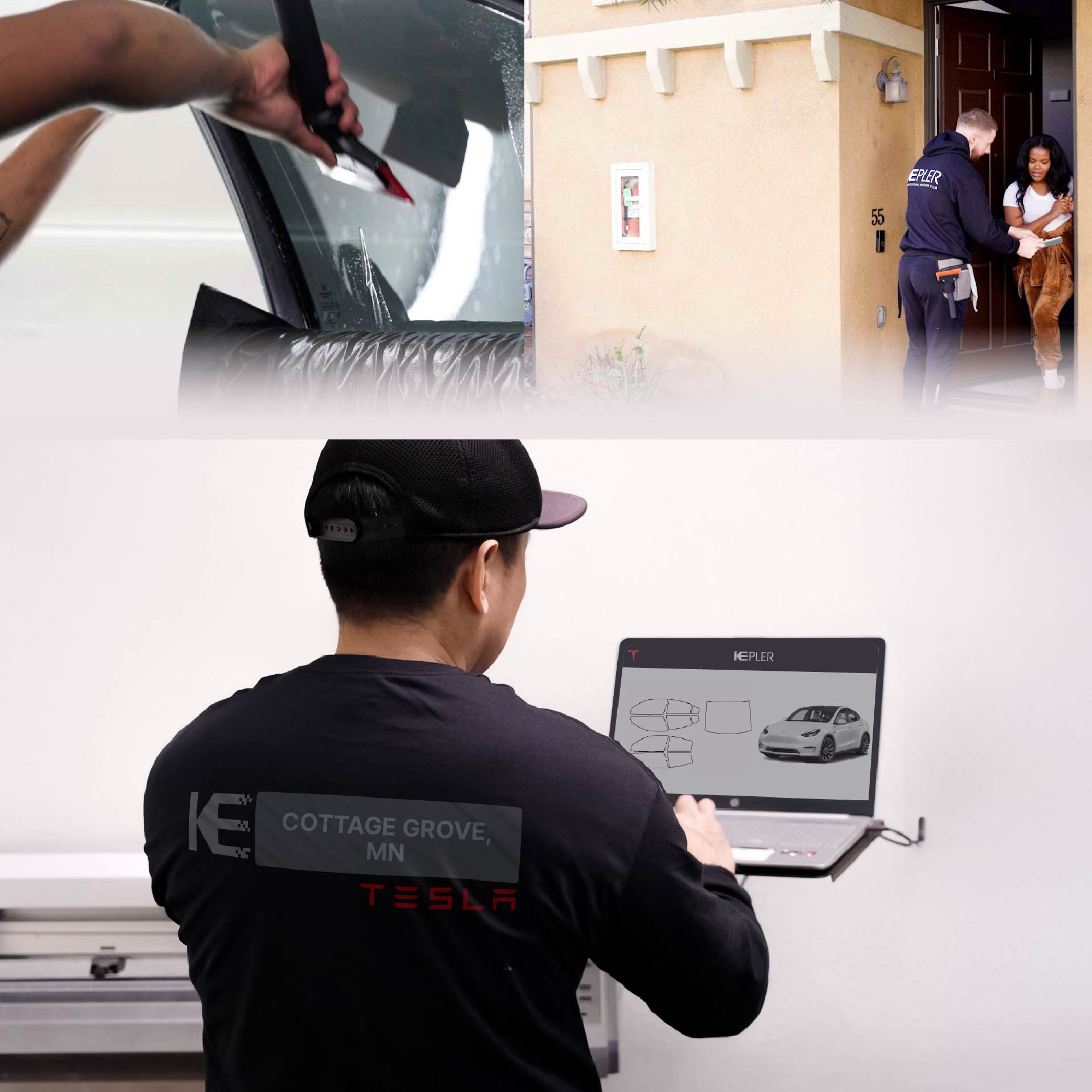 Kepler Technician Applying Advanced Window Tint to Tesla in Cottage Grove