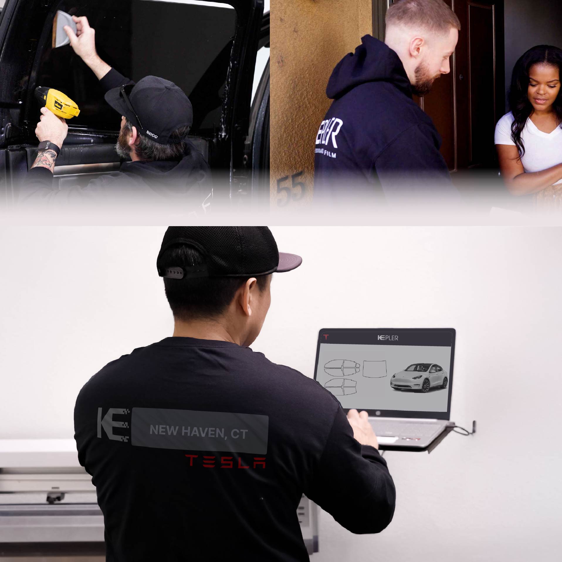 Kepler Technician Applying High-tech Window Tint to Tesla in New Haven