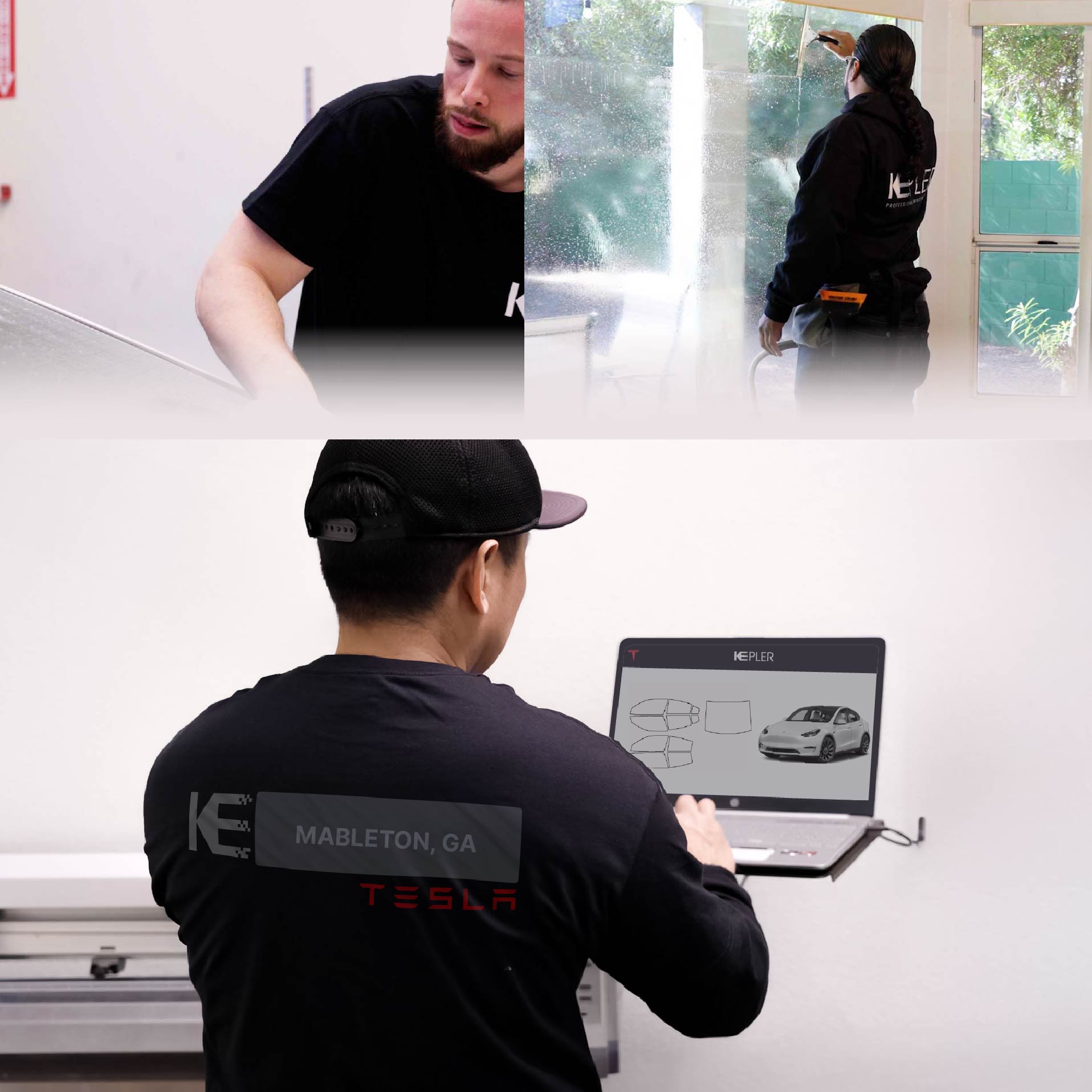 Kepler Technician Installing Ceramic Window Tint to Tesla in Mableton