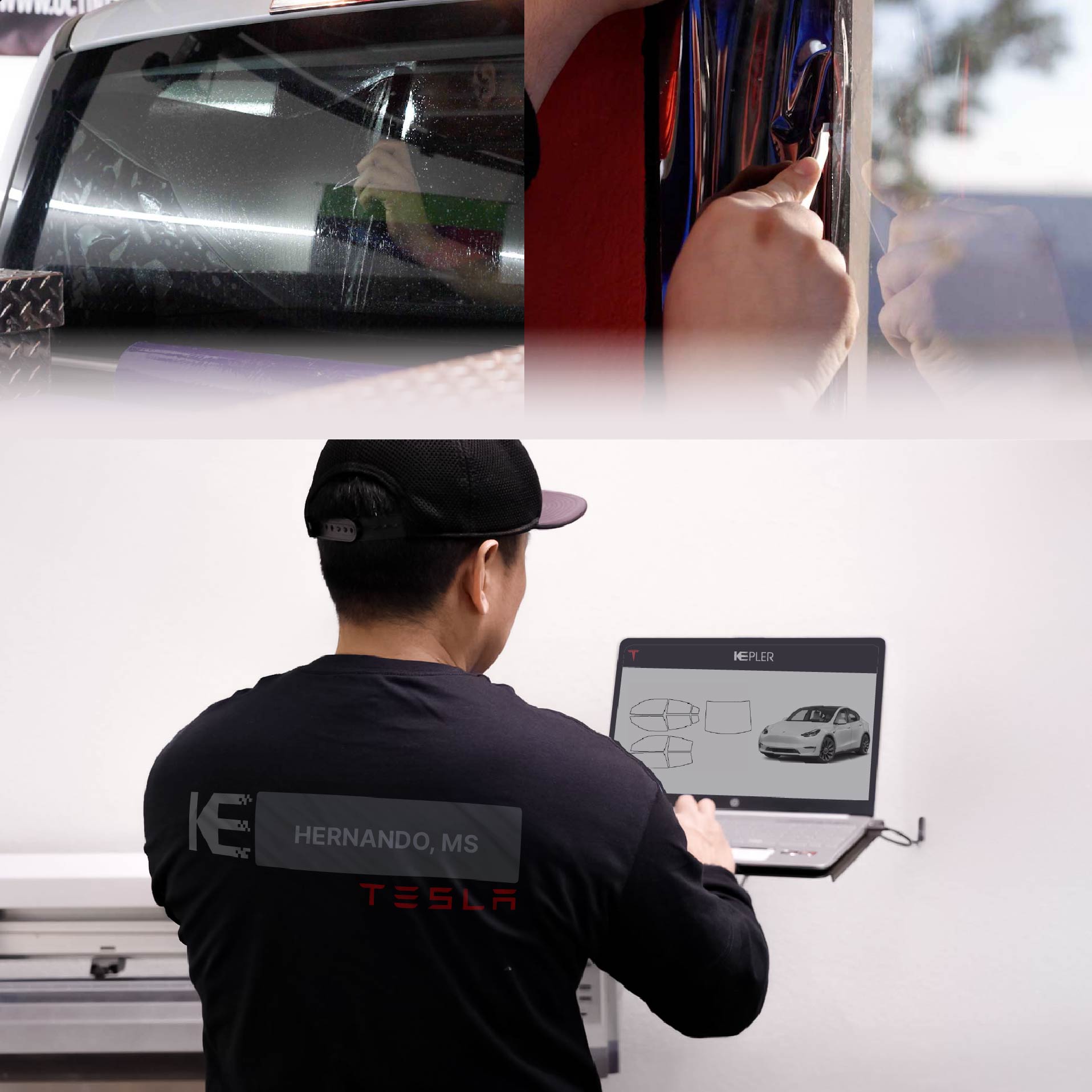 Expert Technician Fitting Ceramic Window Tint to Tesla in Hernando