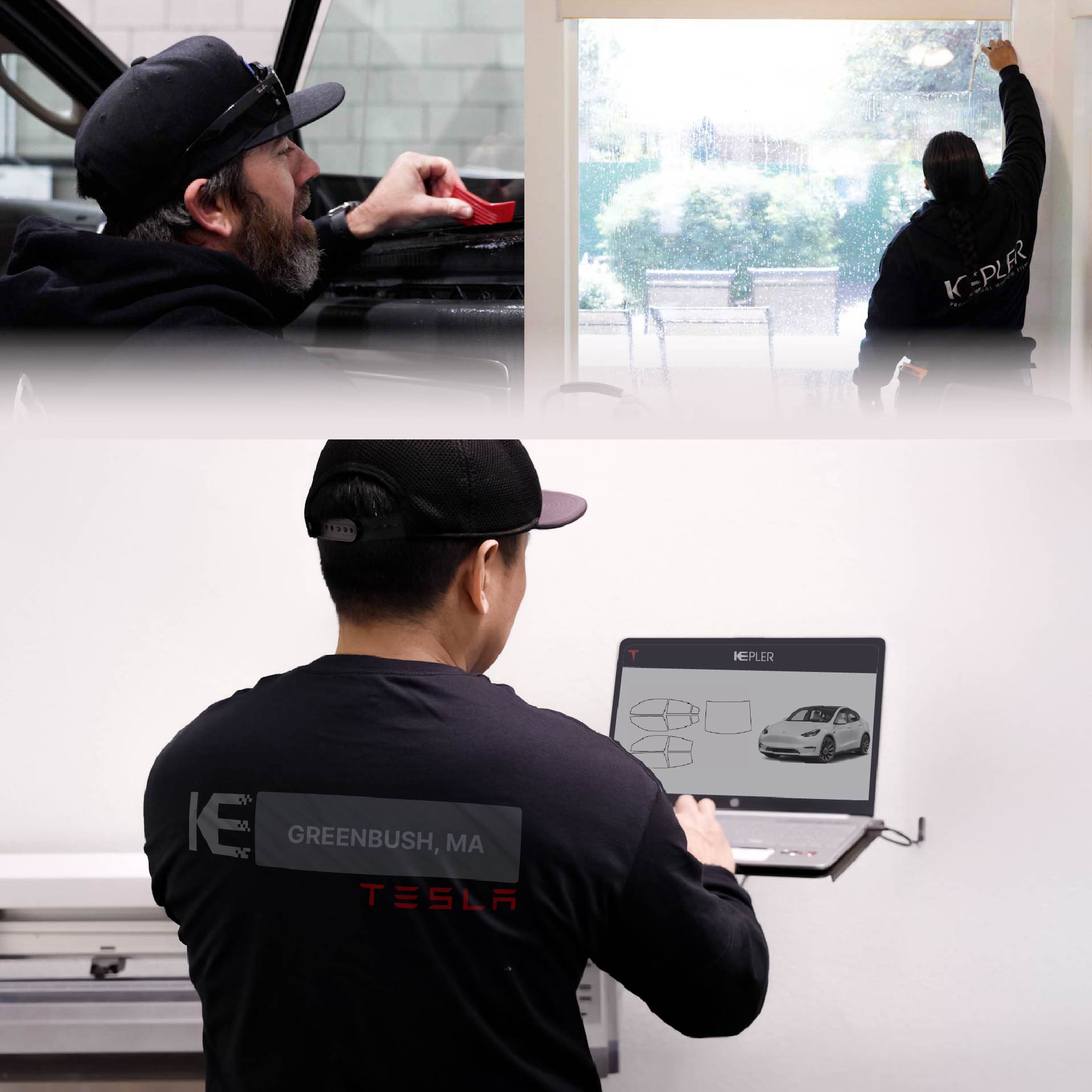 Expert Technician Applying High-tech Window Tint to Tesla in Greenbush