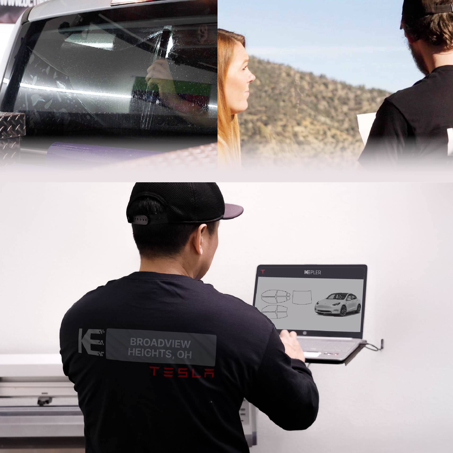 Kepler Technician Installing High-tech Window Tint to Tesla in Broadview Heights