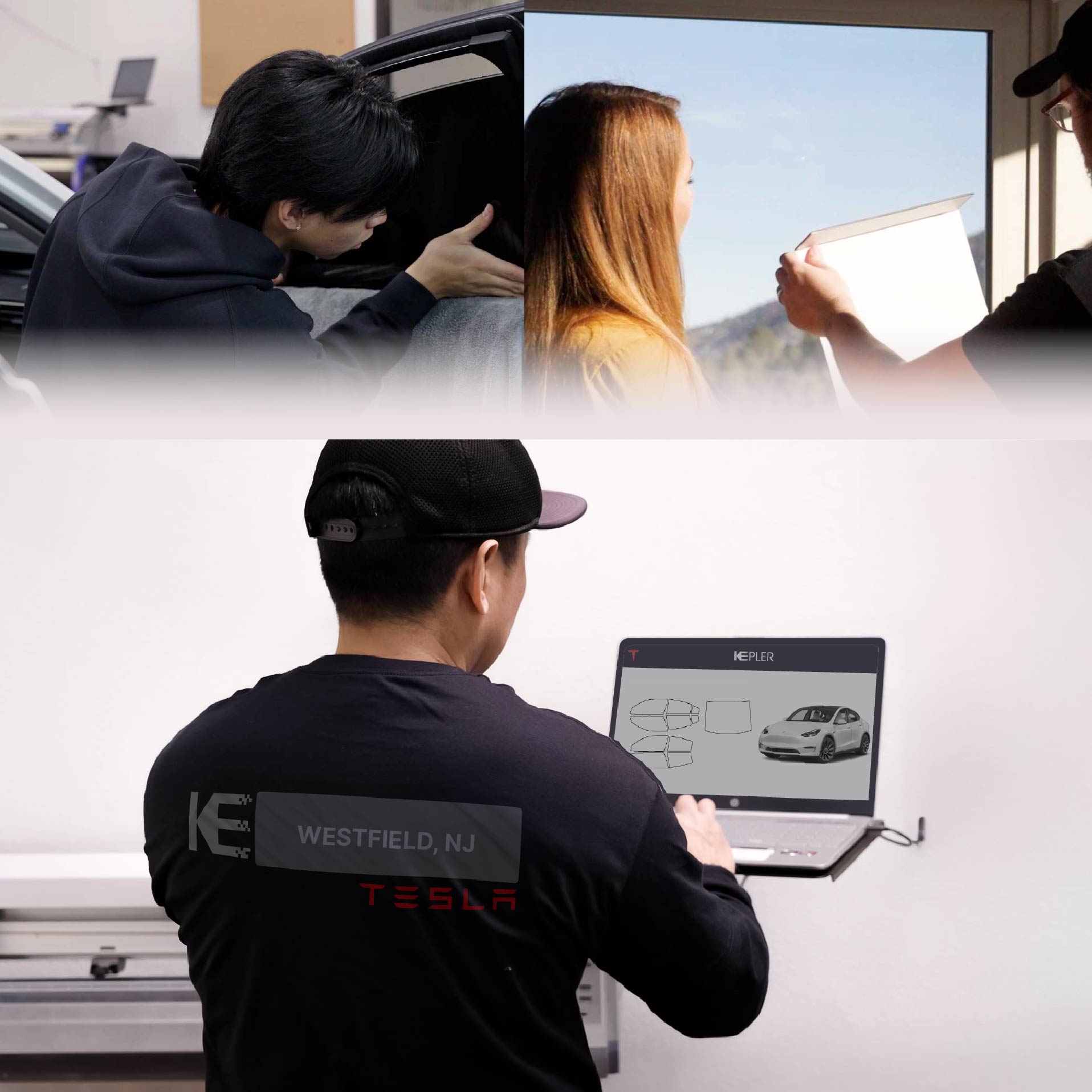 Expert Technician Fitting High-tech Window Tint to Tesla in Westfield