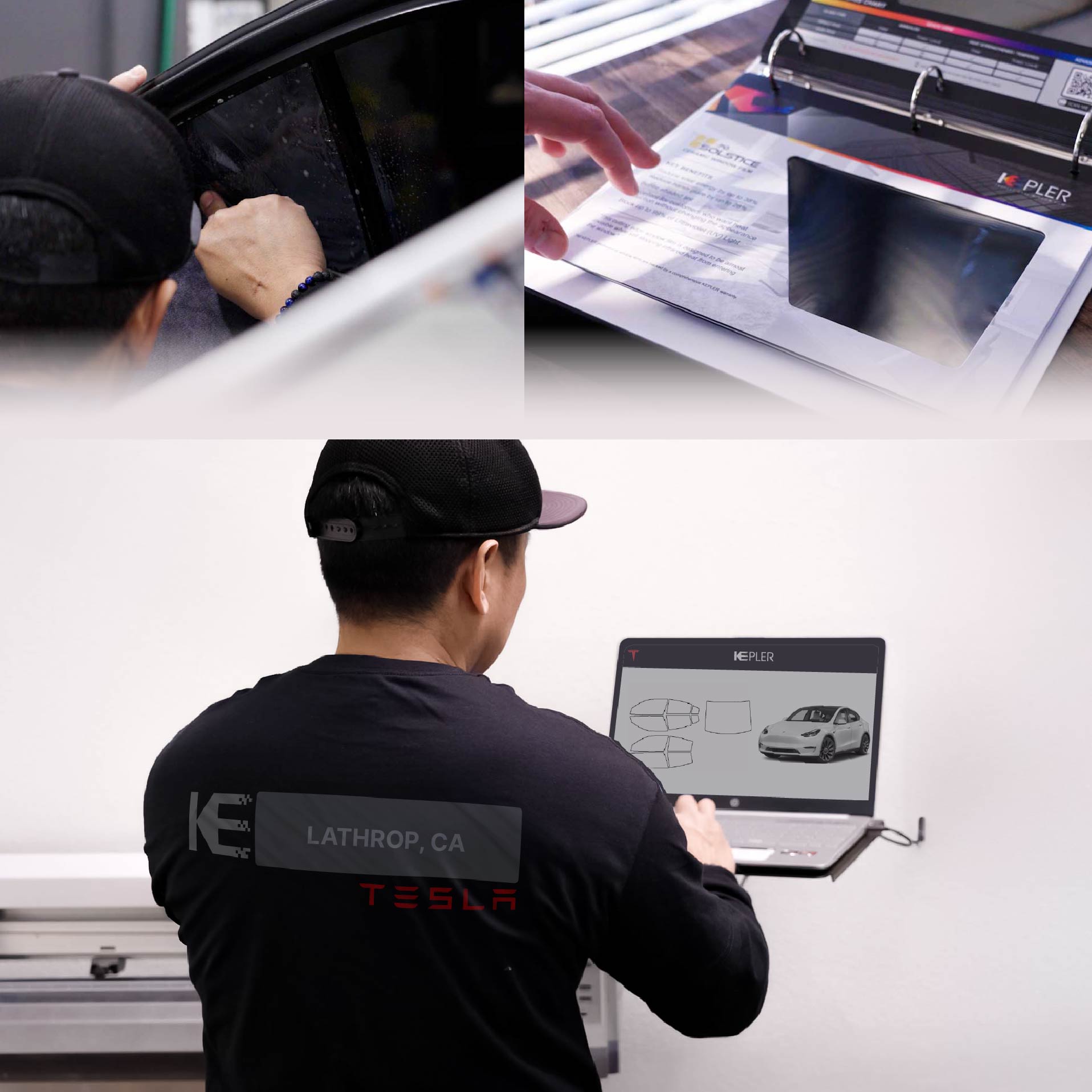 Kepler Technician Fitting Ceramic Window Tint to Tesla in Lathrop
