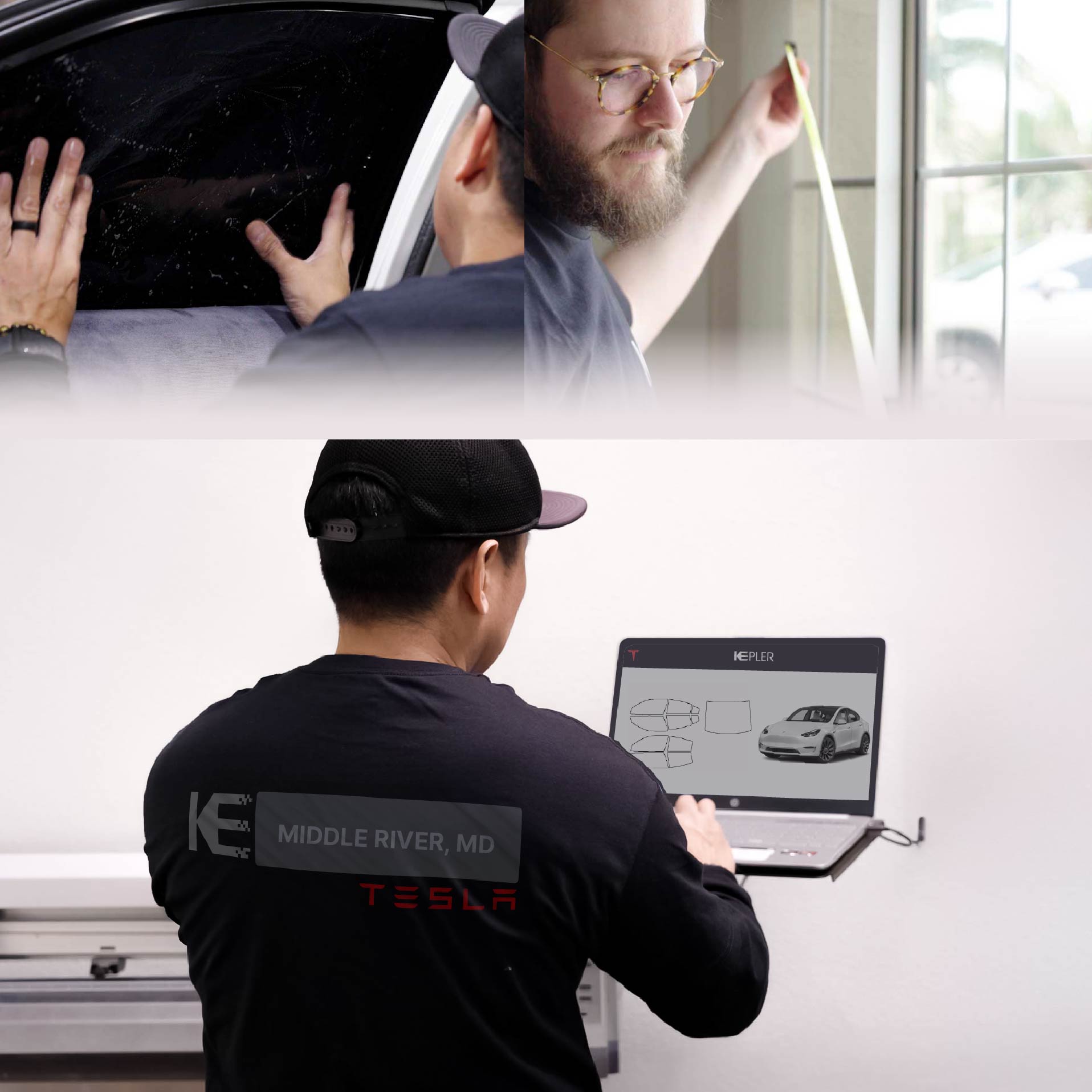 Kepler Technician Installing High-tech Window Tint to Tesla in Middle River