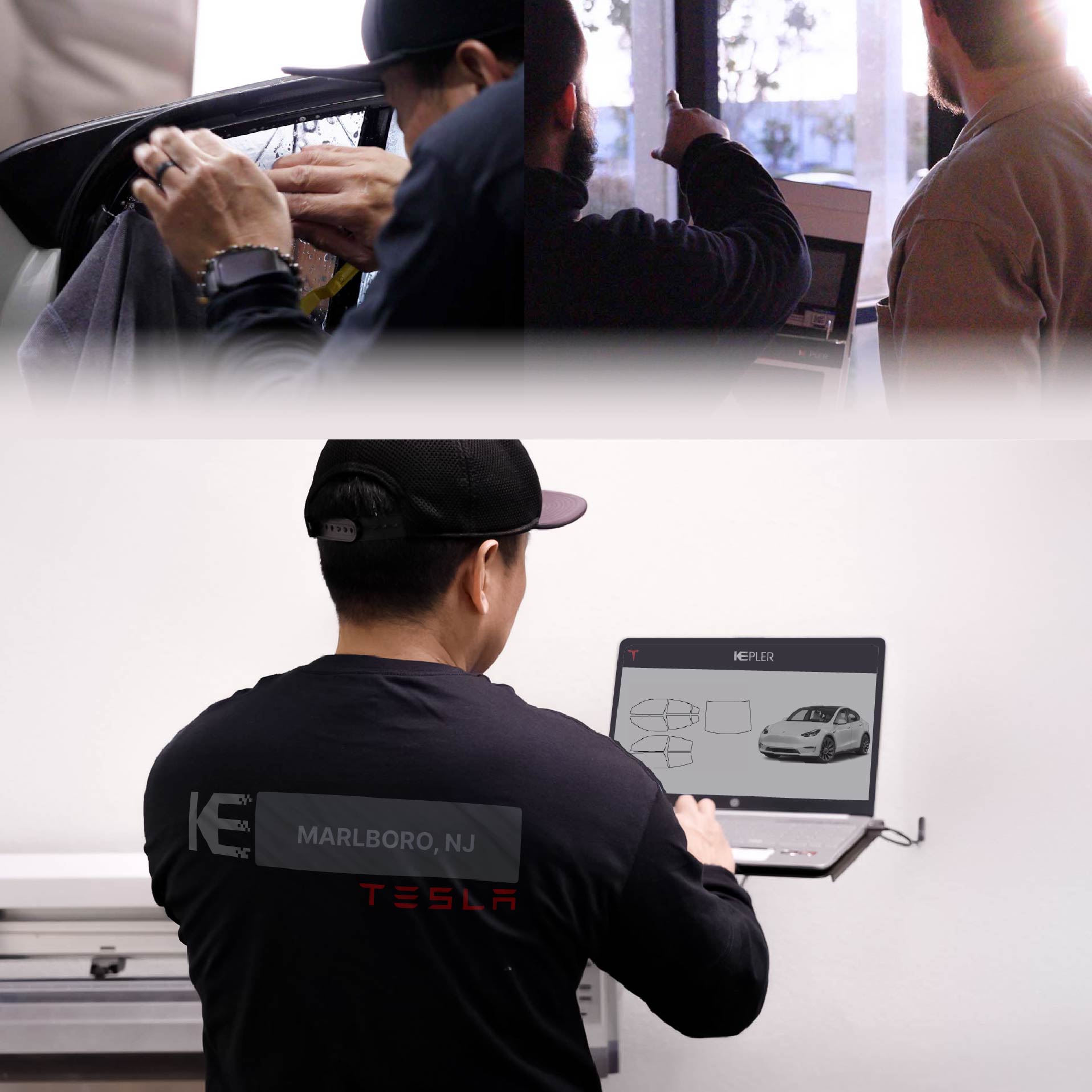 Expert Technician Applying Advanced Window Tint to Tesla in Marlboro