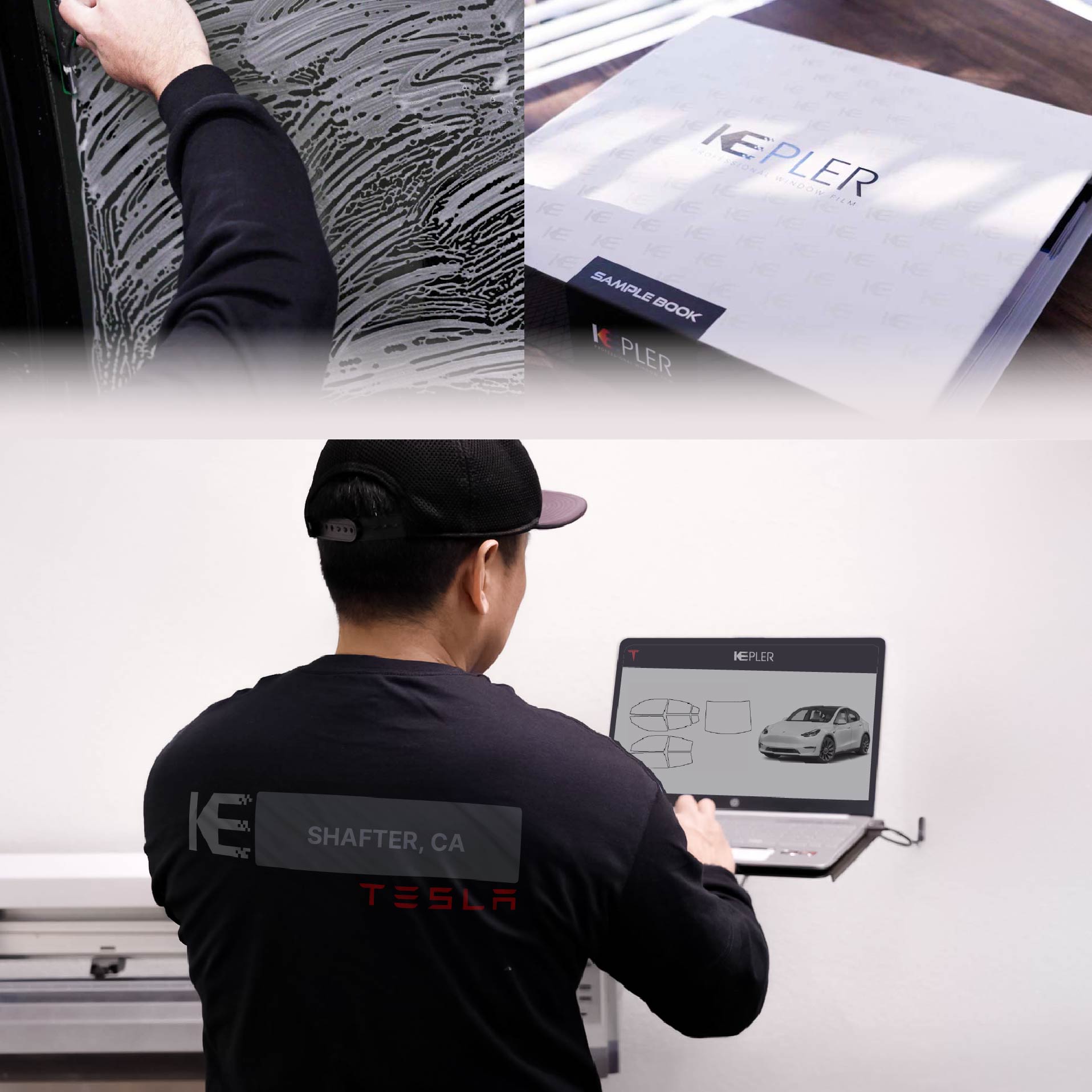 Kepler Technician Fitting Ceramic Window Tint to Tesla in Shafter