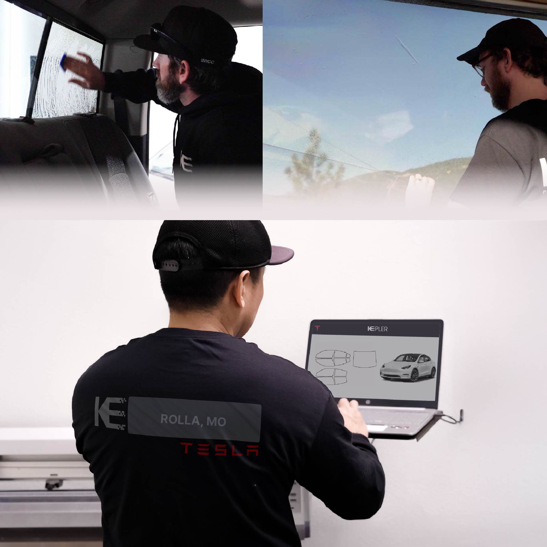 Expert Technician Applying High-tech Window Tint to Tesla in Rolla