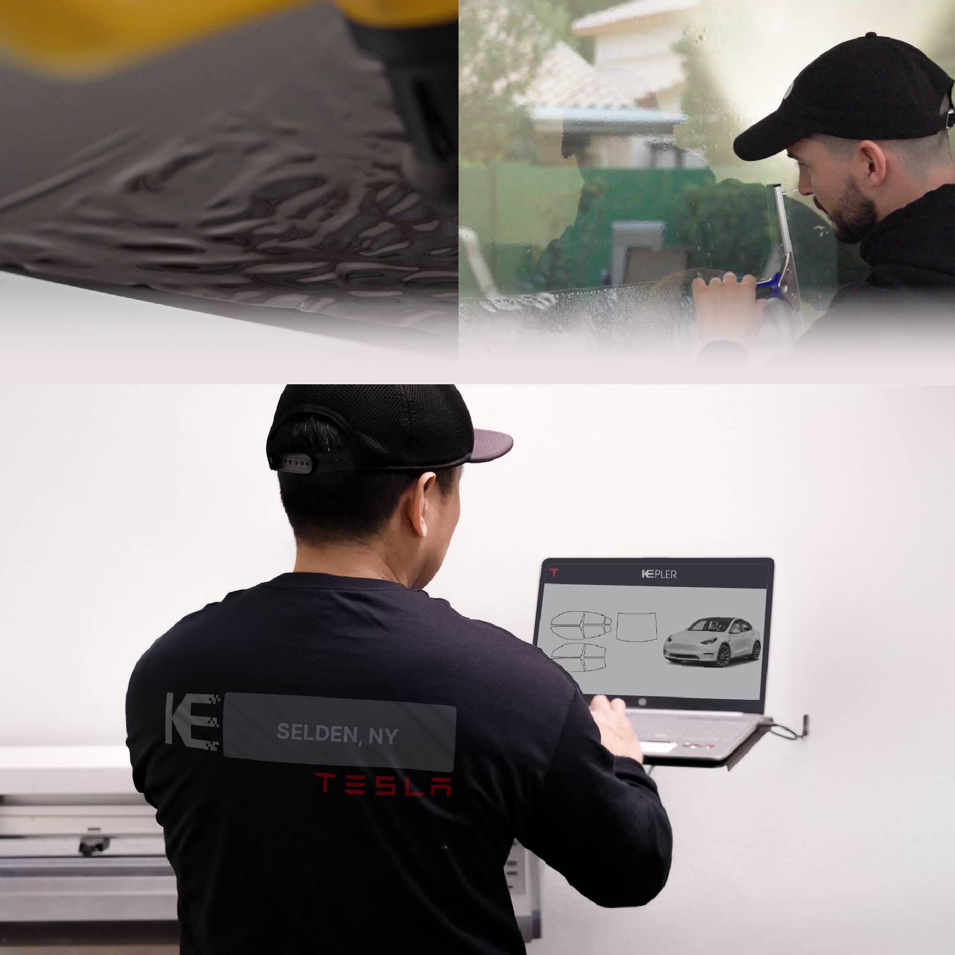 Expert Technician Fitting Ceramic Window Tint to Tesla in Selden