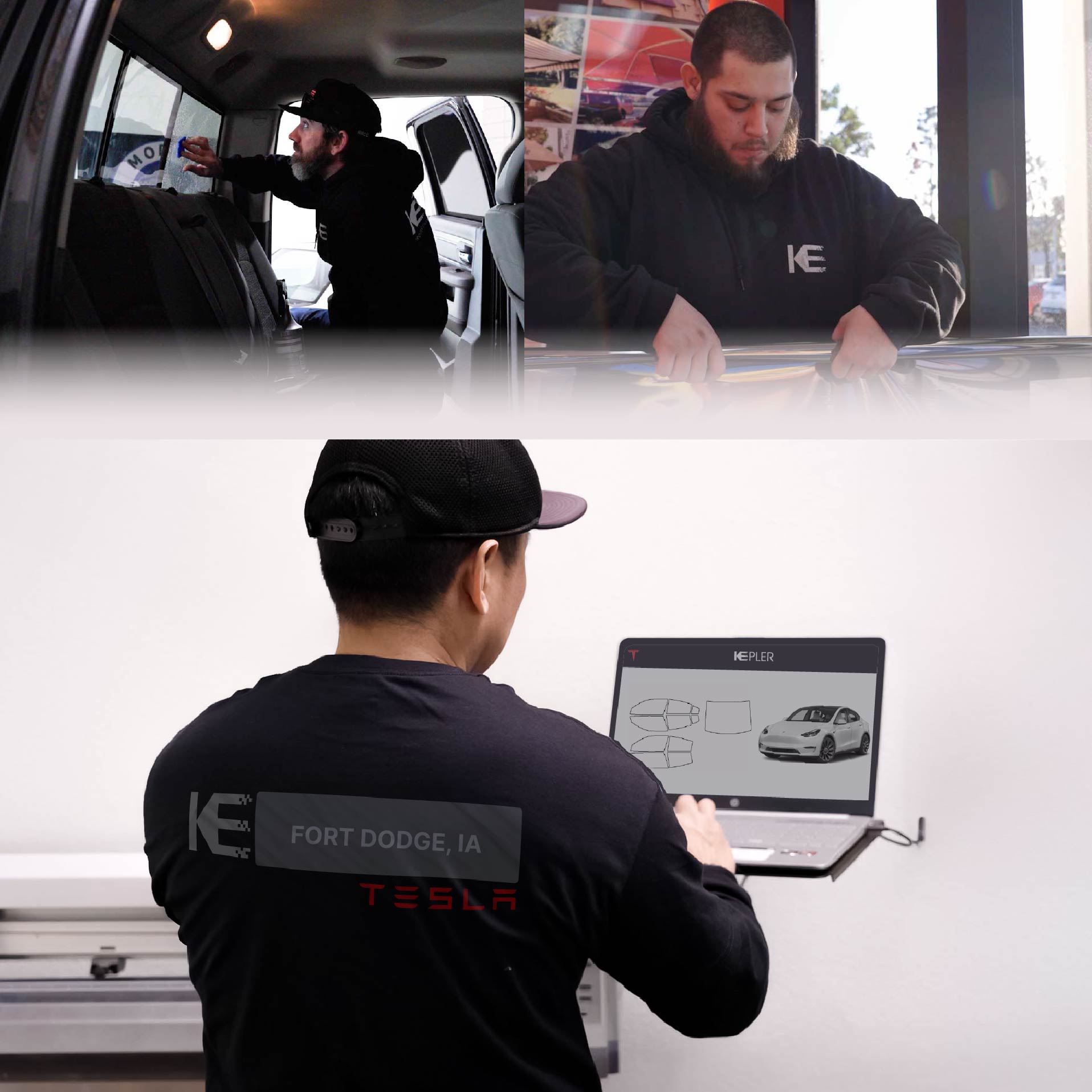 Expert Technician Installing Ceramic Window Tint to Tesla in Fort Dodge