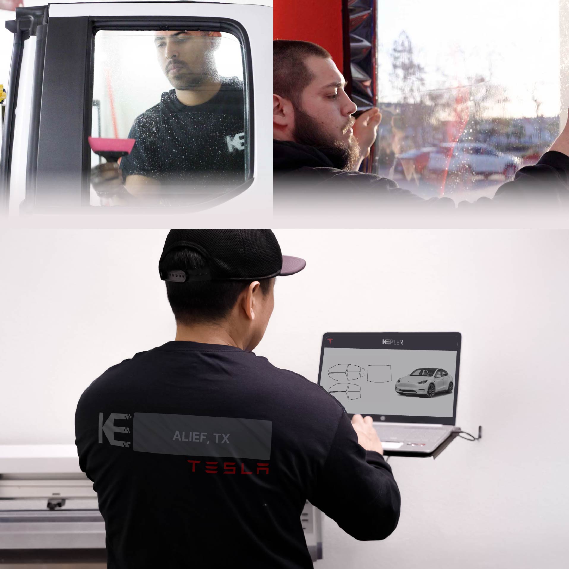 Expert Technician Installing High-tech Window Tint to Tesla in Alief
