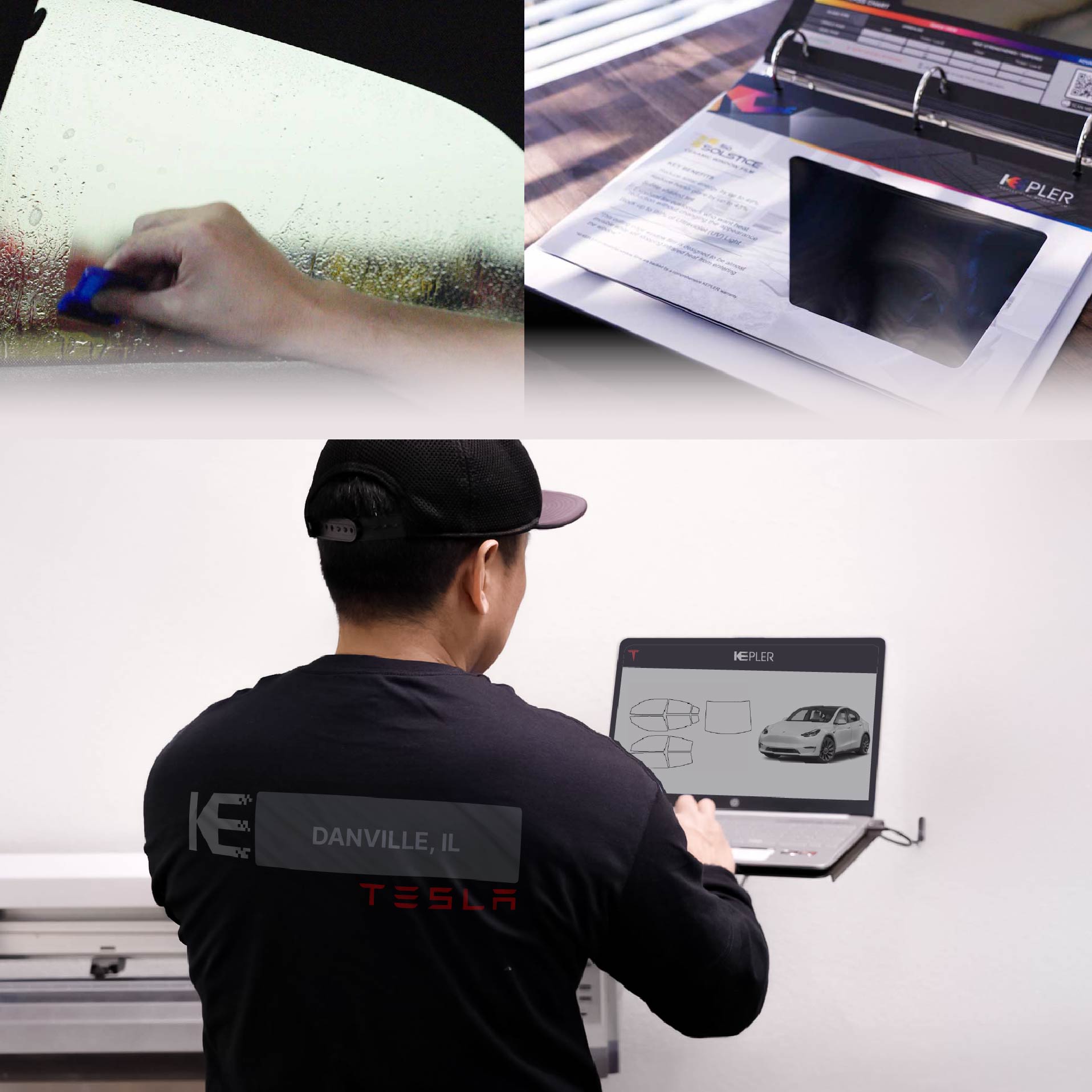 Kepler Technician Fitting Ceramic Window Tint to Tesla in Danville