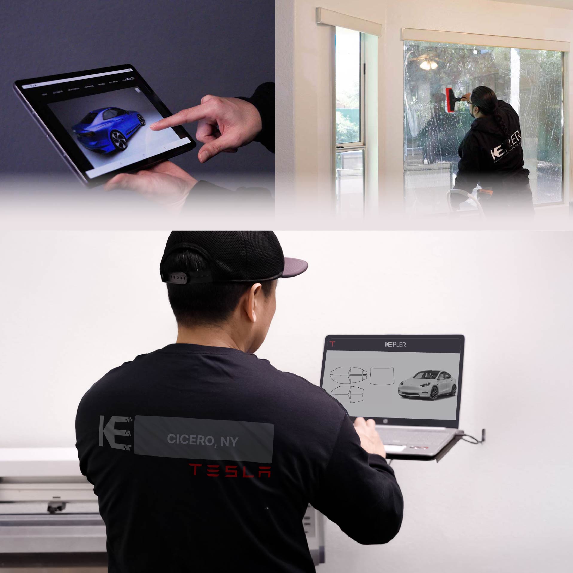 Expert Technician Installing Advanced Window Tint to Tesla in Cicero